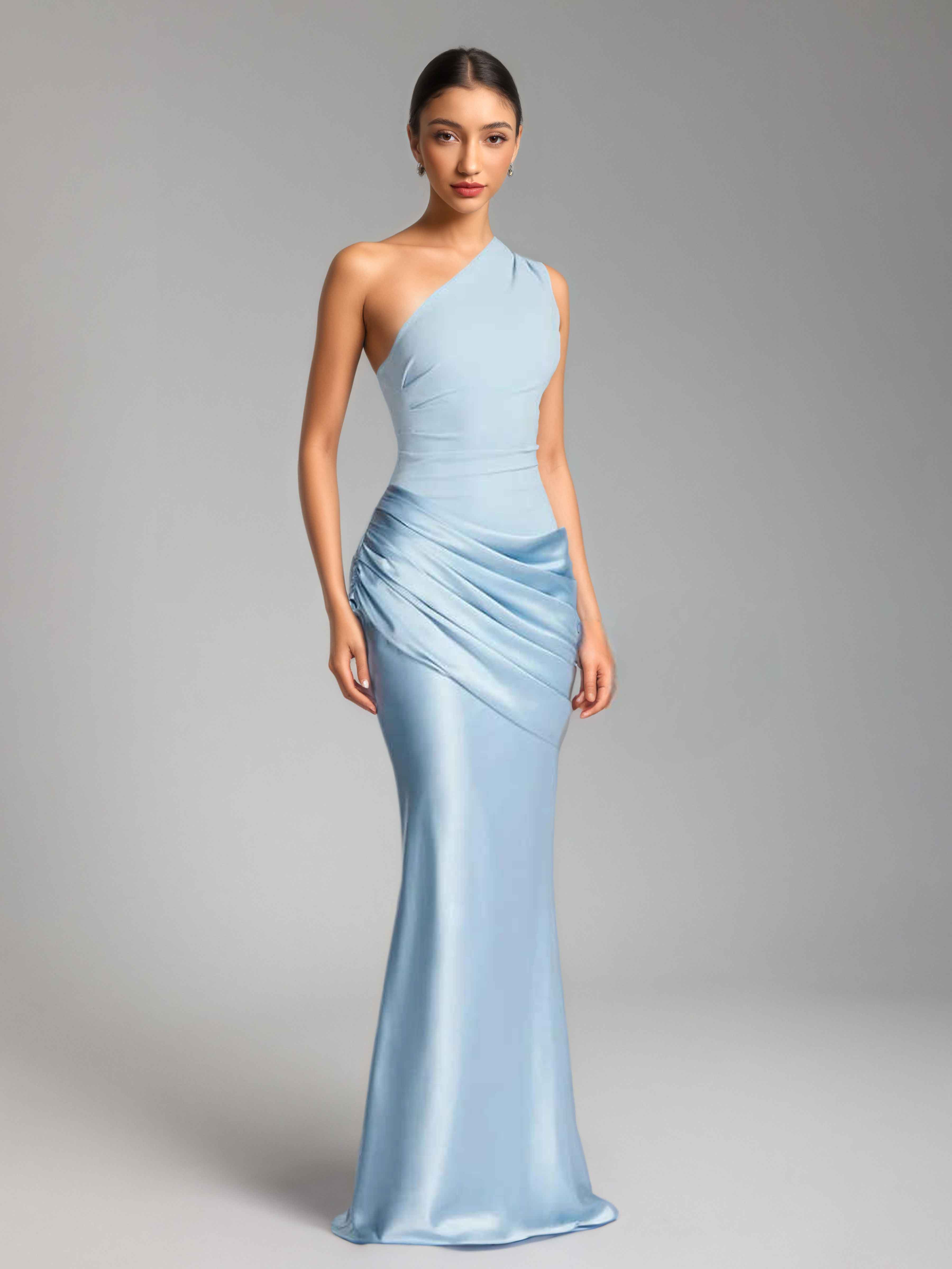 blue pleated one shoulder dress Women's Poetic Charm Light Blue Asymmetric One Shoulder Maxi Dress | Size: M