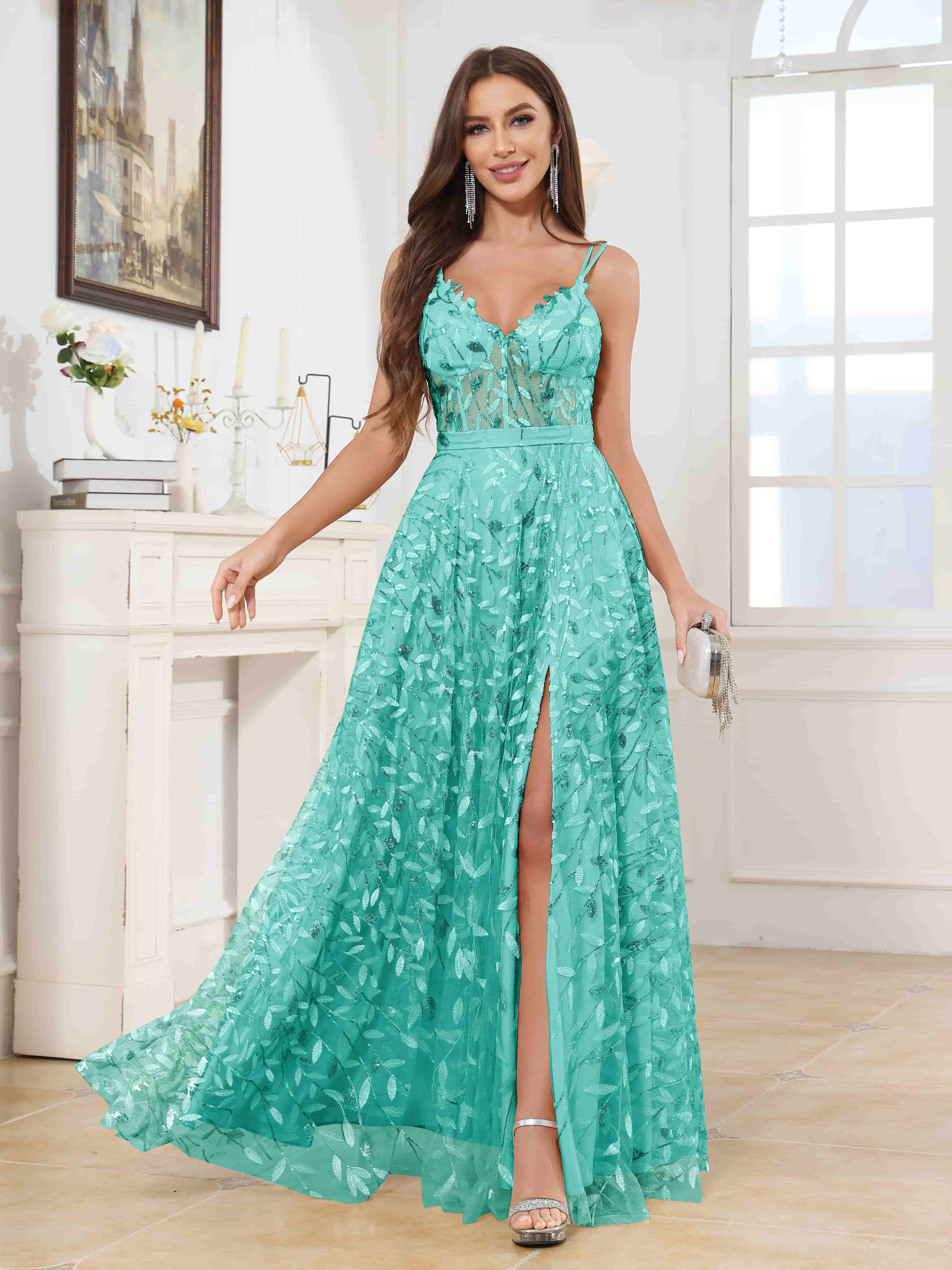 Johanna Stylish V Neck Slit Leaf Sequin Long Prom Dresses, Turquoise Johanna Stylish V Neck Slit Leaf Sequin Long Prom Dresses, Turquoise