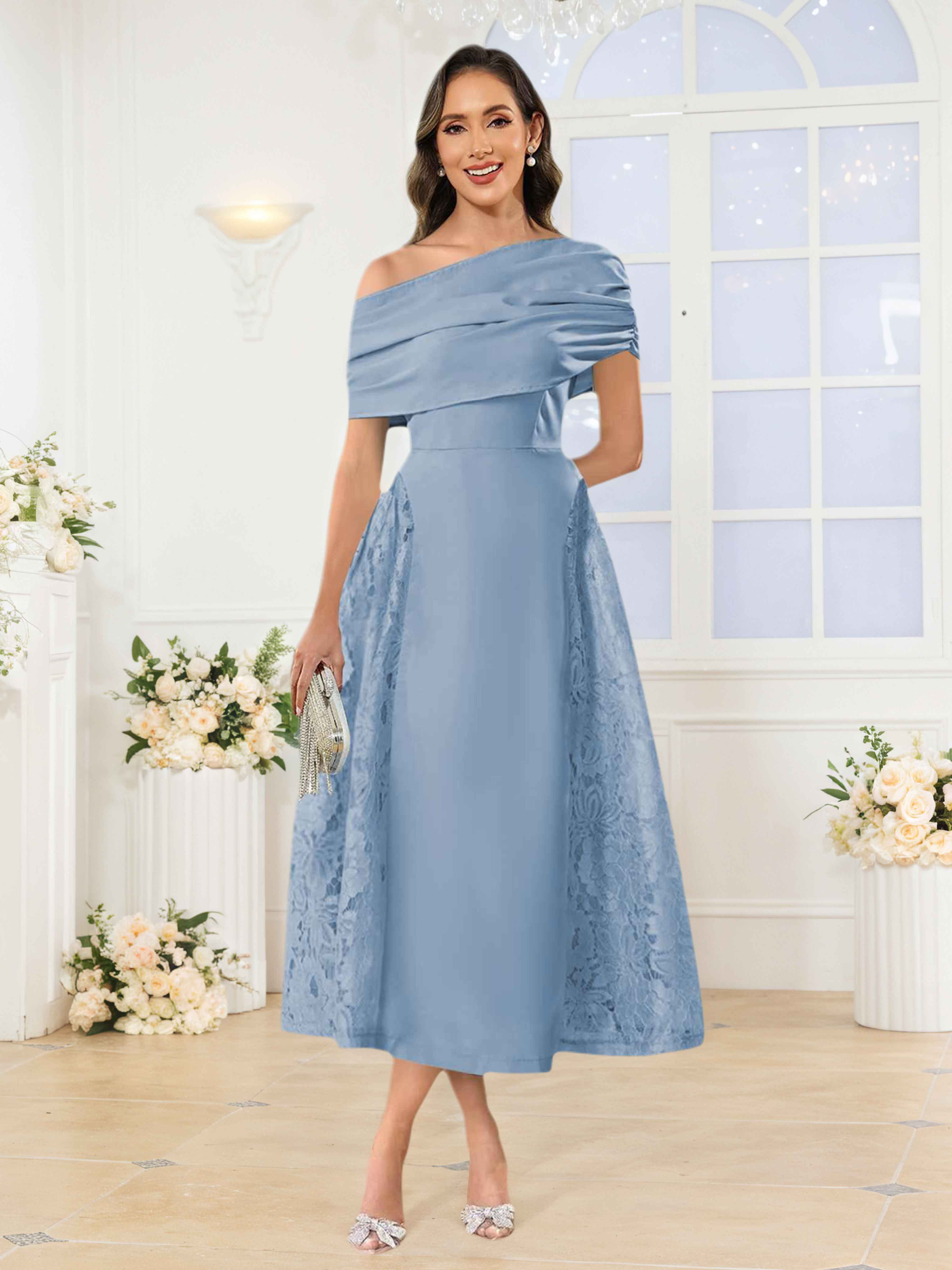 Jovie Charming One Shoulder Tea Length Satin Mother of the Bride Dresses, Dusty Blue Jovie Charming One Shoulder Tea Length Satin Mother of the Bride Dresses, Dusty Blue