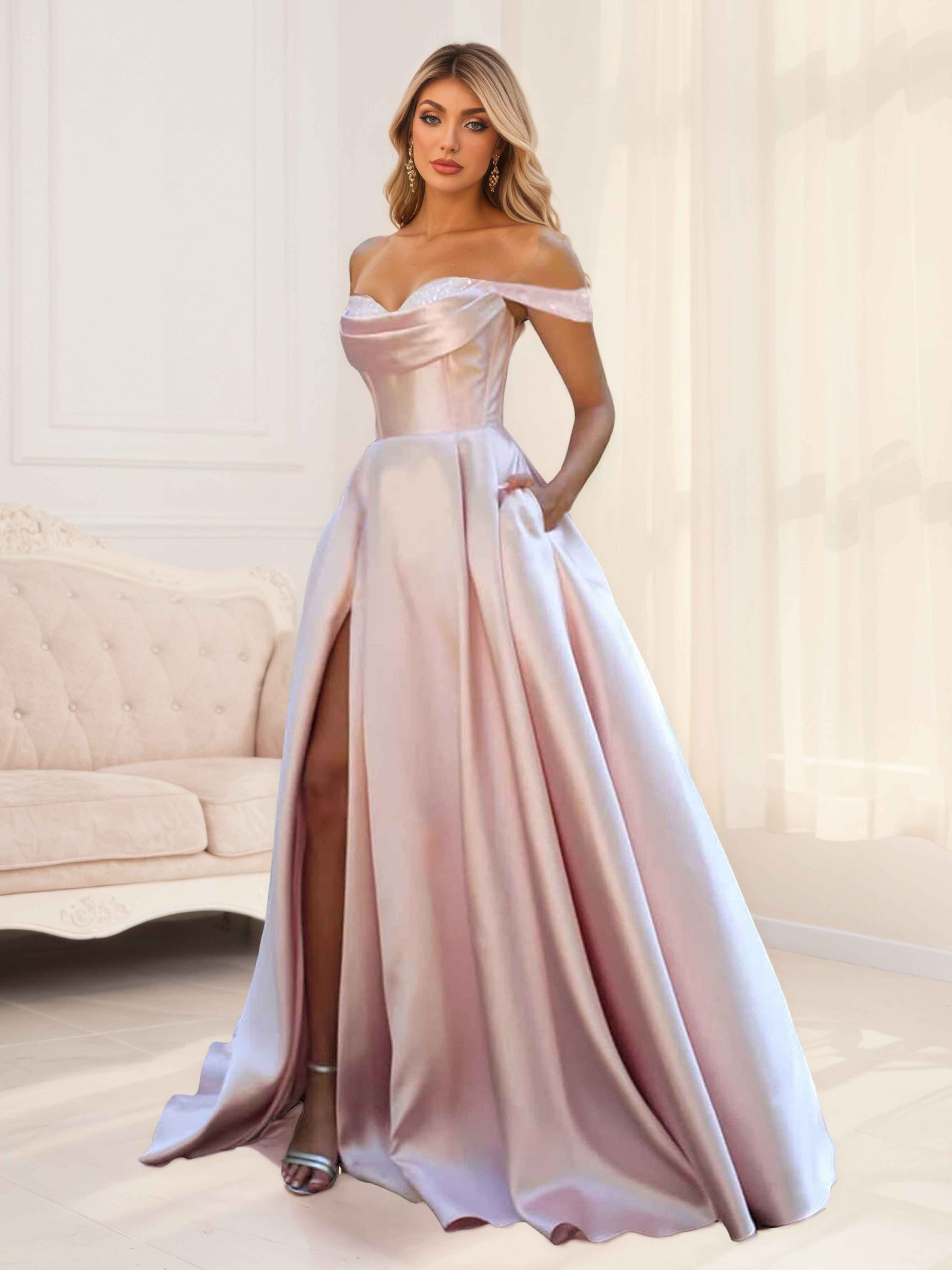 Kaida Gorgeous A-Line Off the Shoulder Ruched Slit Satin Prom Dresses