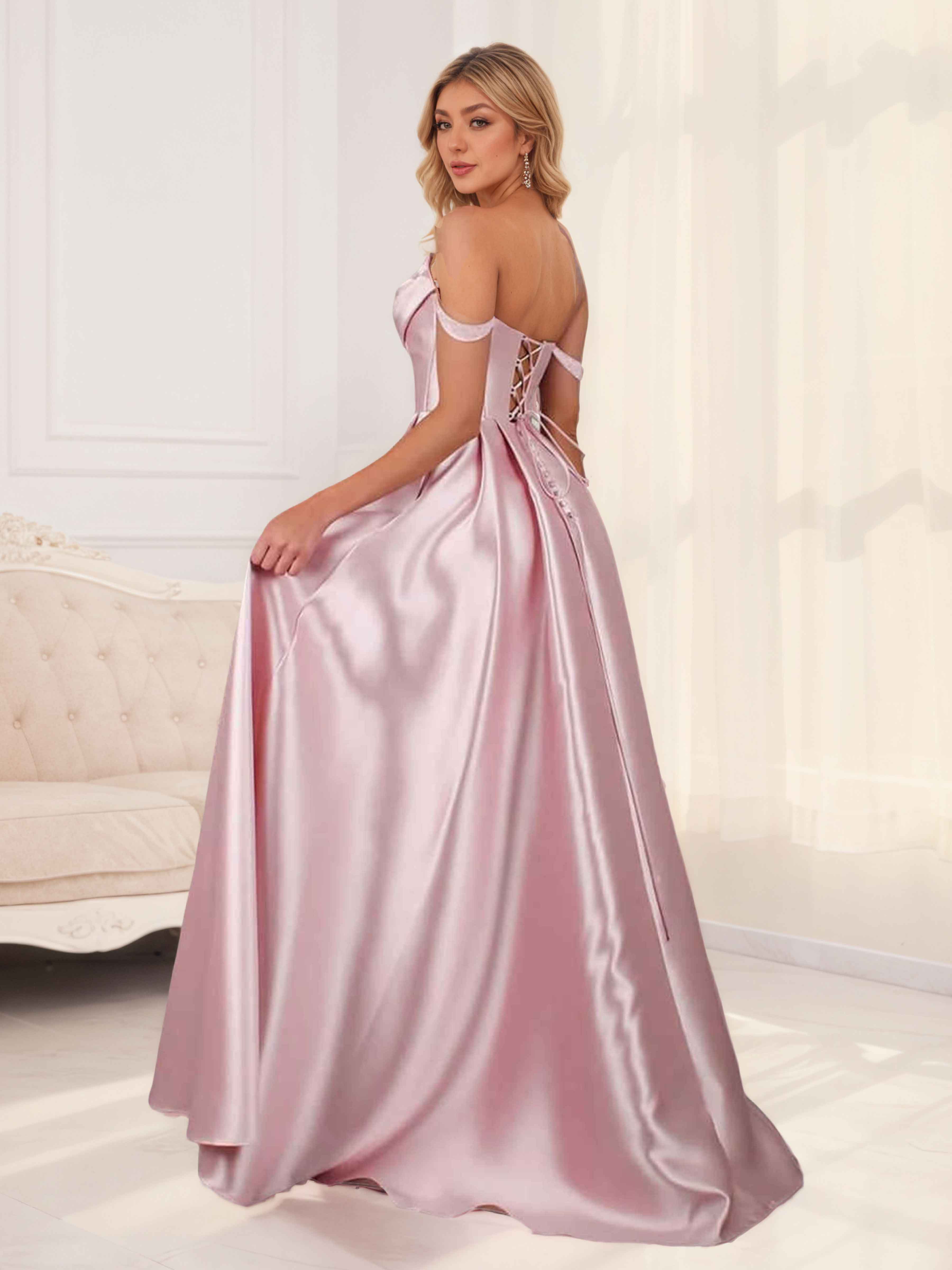 Kaida Gorgeous A-Line Off the Shoulder Ruched Slit Satin Prom Dresses