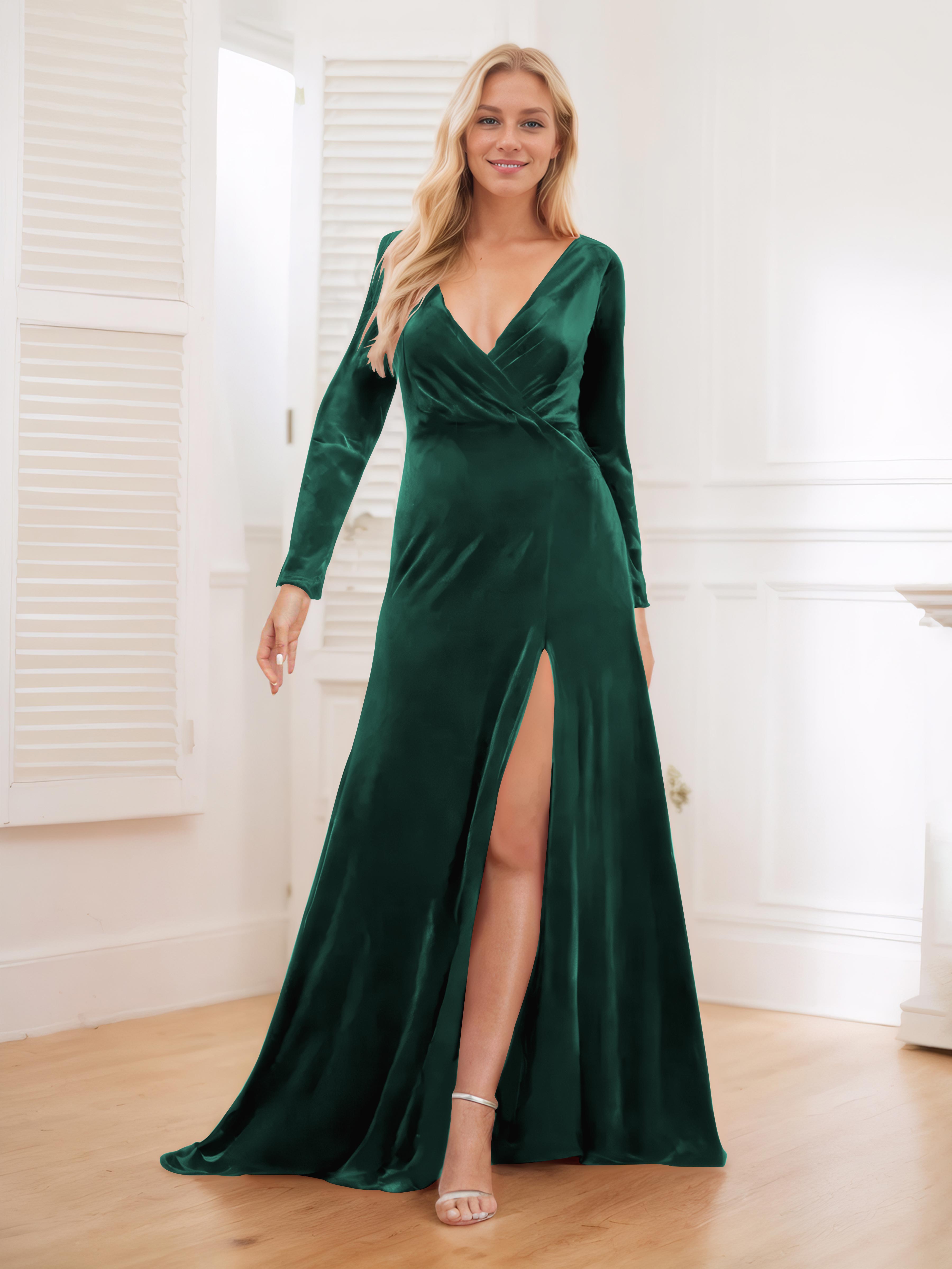 Kathryn Romantic Long Sleeves V Back Floor Length Velvet Bridesmaid Dresses, Emerald Green Kathryn Romantic Long Sleeves V Back Floor Length Velvet Bridesmaid Dresses, Emerald Green