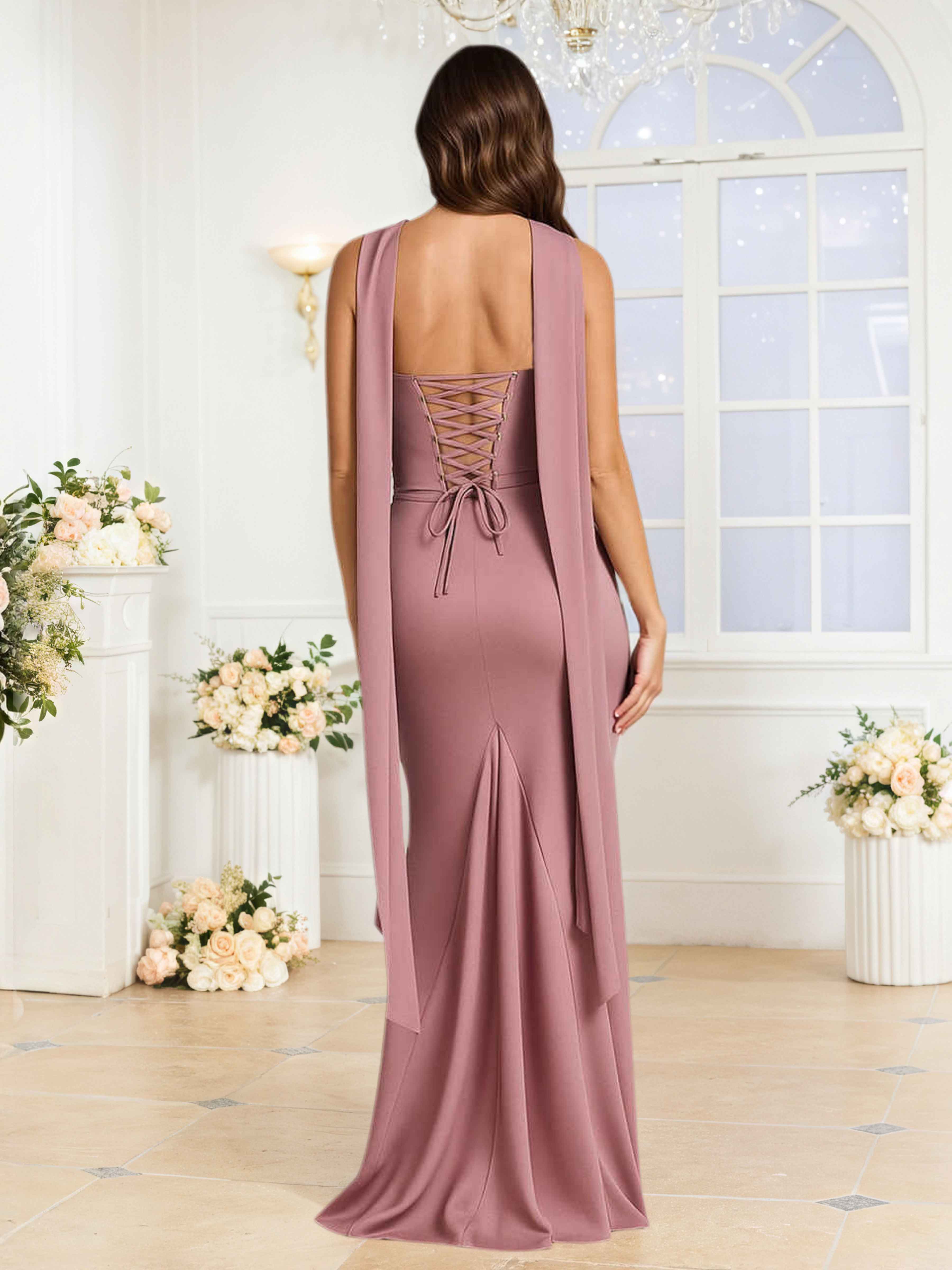 Kerensa Stunning Mermaid Strapless Long Satin Formal Dresses With Scarf