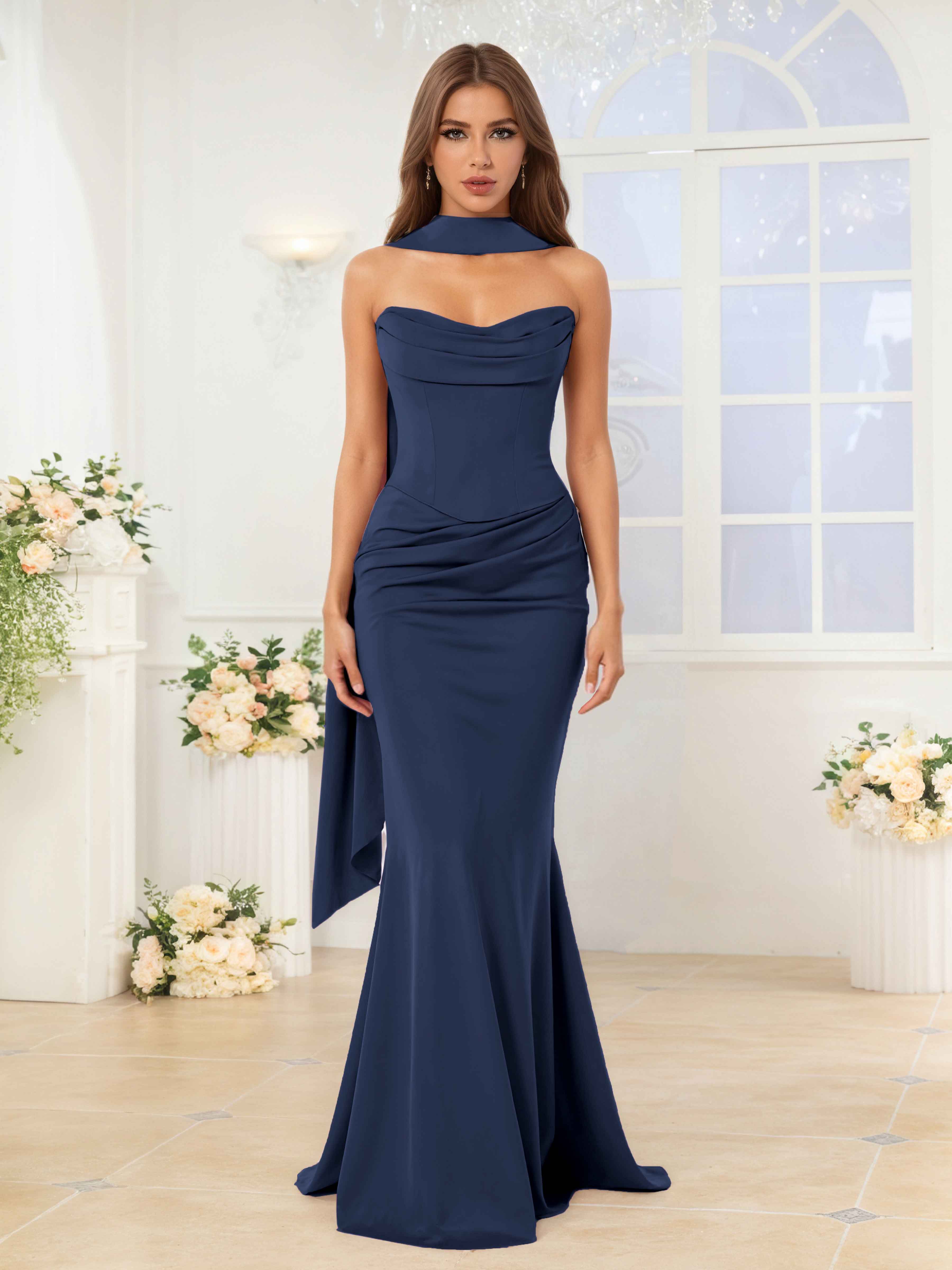 Kerensa Stunning Mermaid Strapless Long Satin Formal Dresses With Scarf, Navy Blue Kerensa Stunning Mermaid Strapless Long Satin Formal Dresses With Scarf, Navy Blue