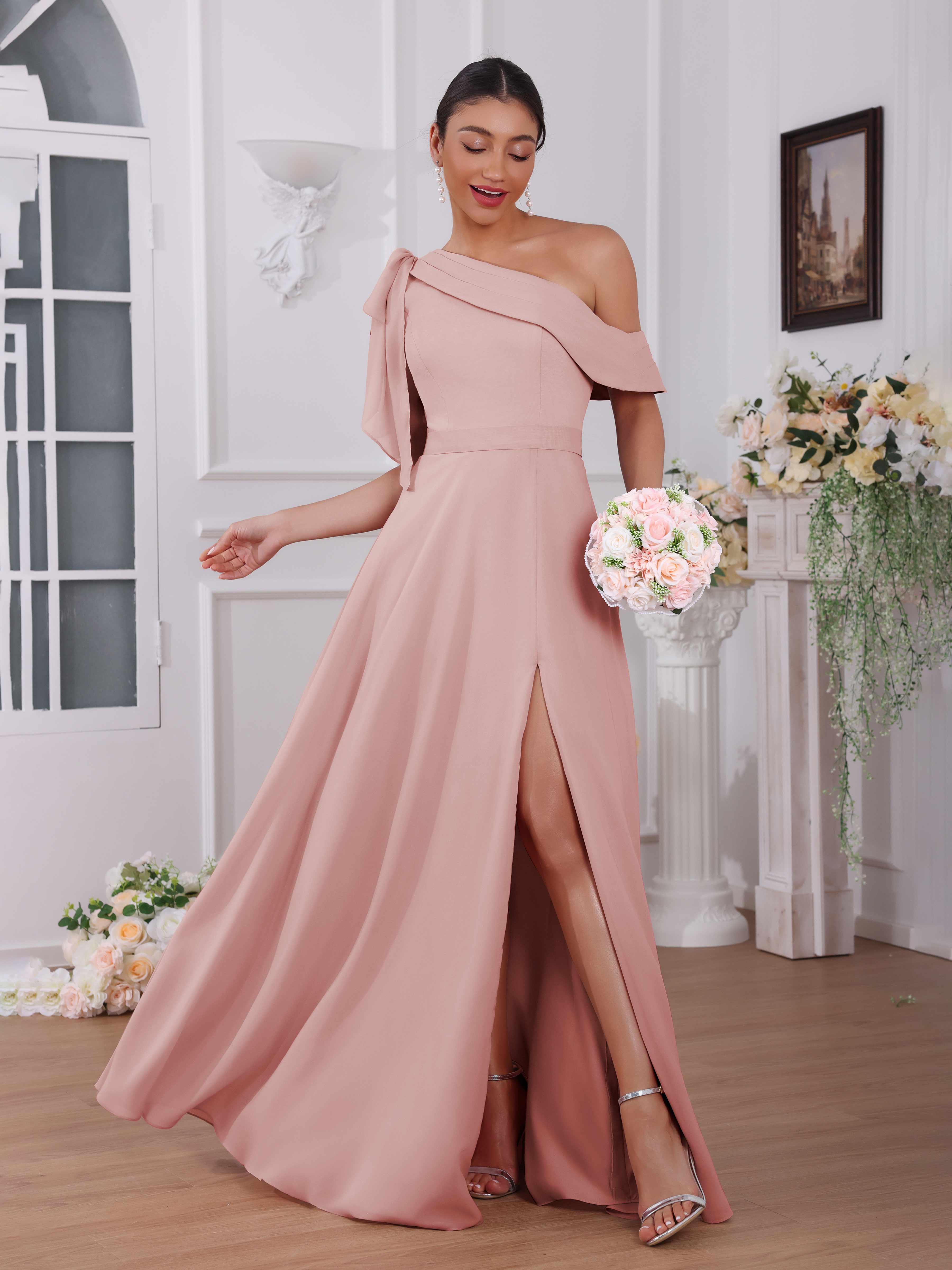 Kraelith Elegant One Shoulder Slit Long Chiffon Bridesmaid Dresses, Dusty Rose