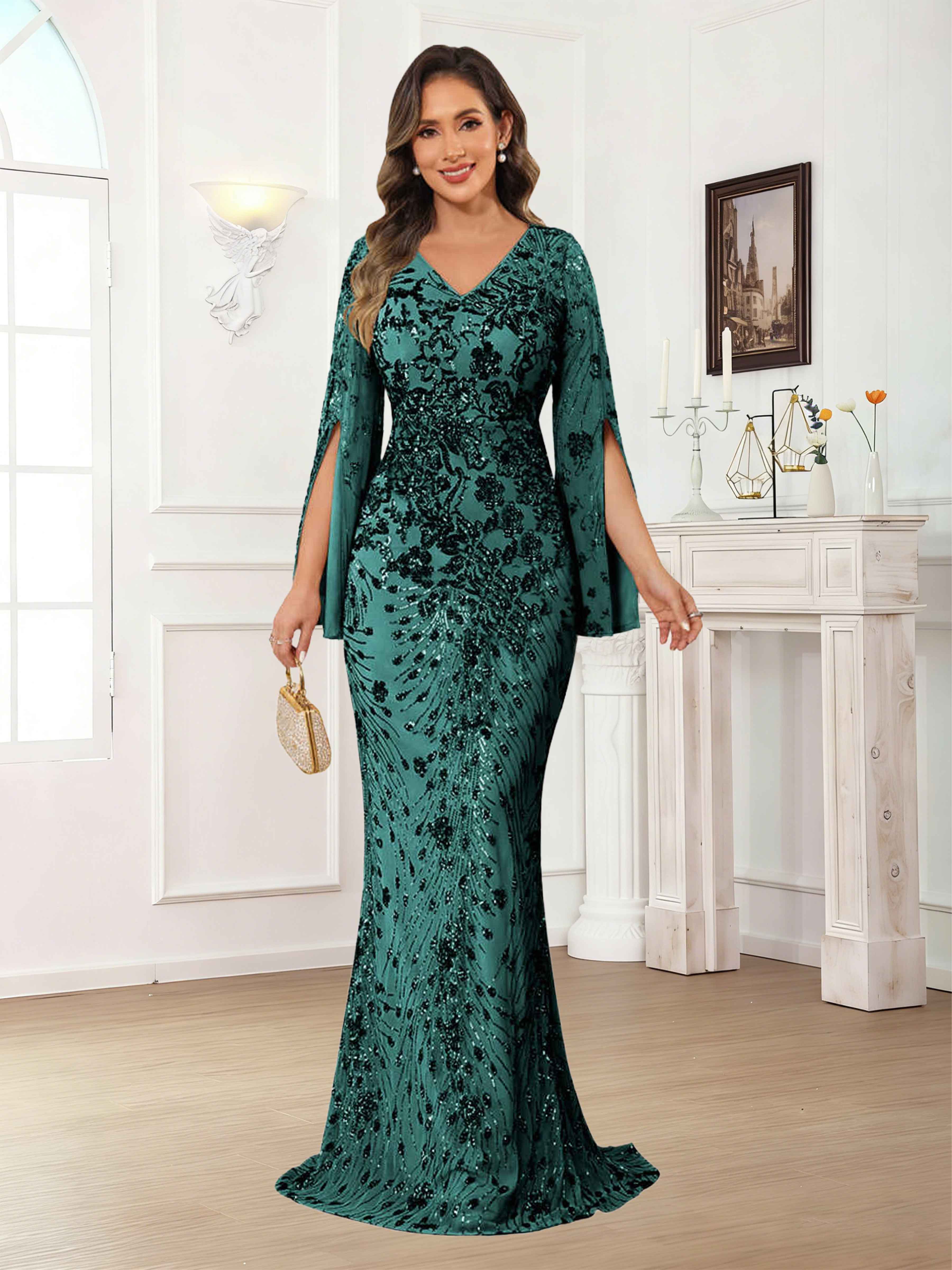 Kraelwyn V-neck Long Sleeves Sheath Sequin Mother of the Bride Dresses, Emerald Green