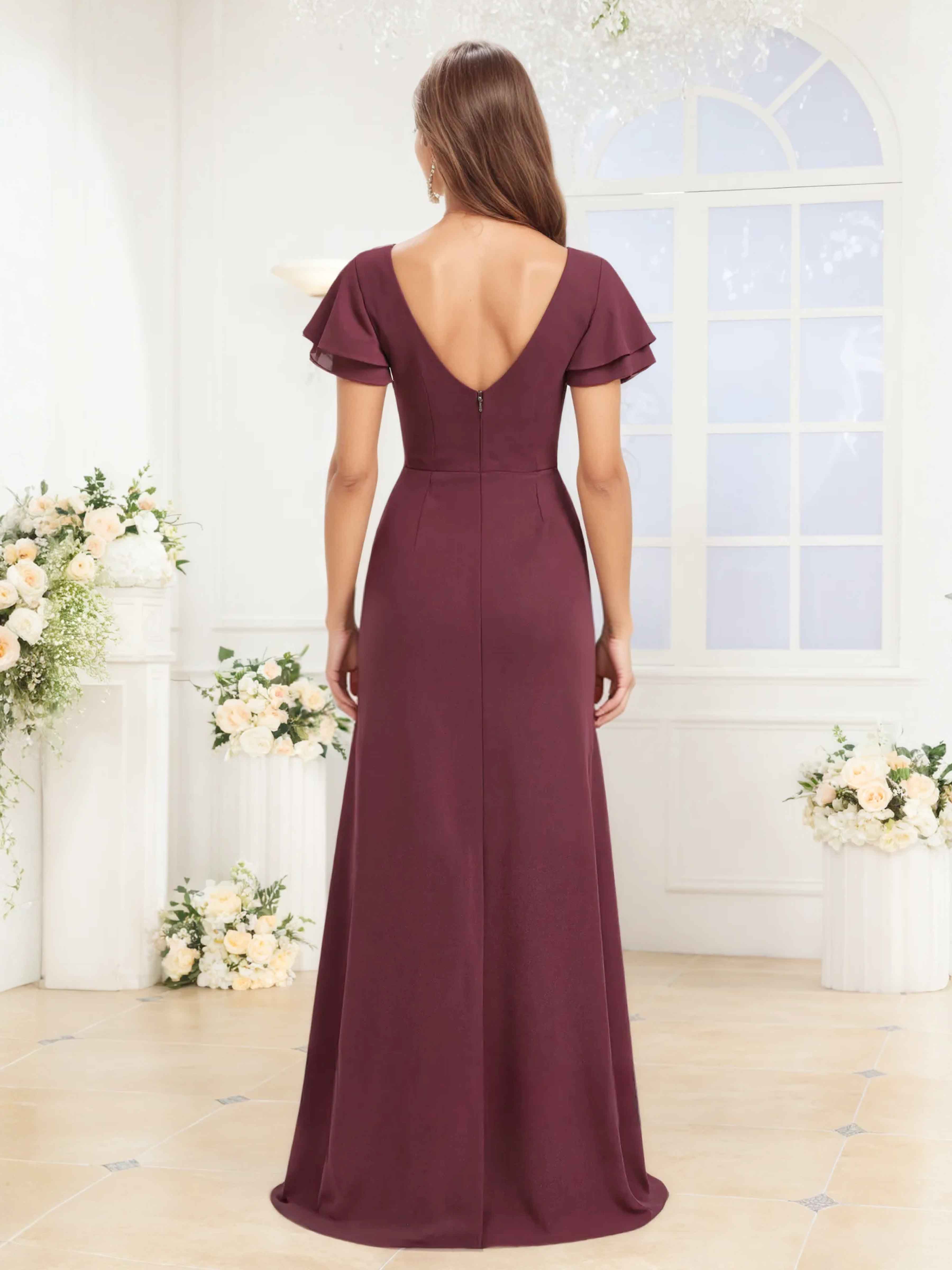 Laelia Charming Scoop Short Sleeves Slit Long Chiffon Bridesmaid Dresses