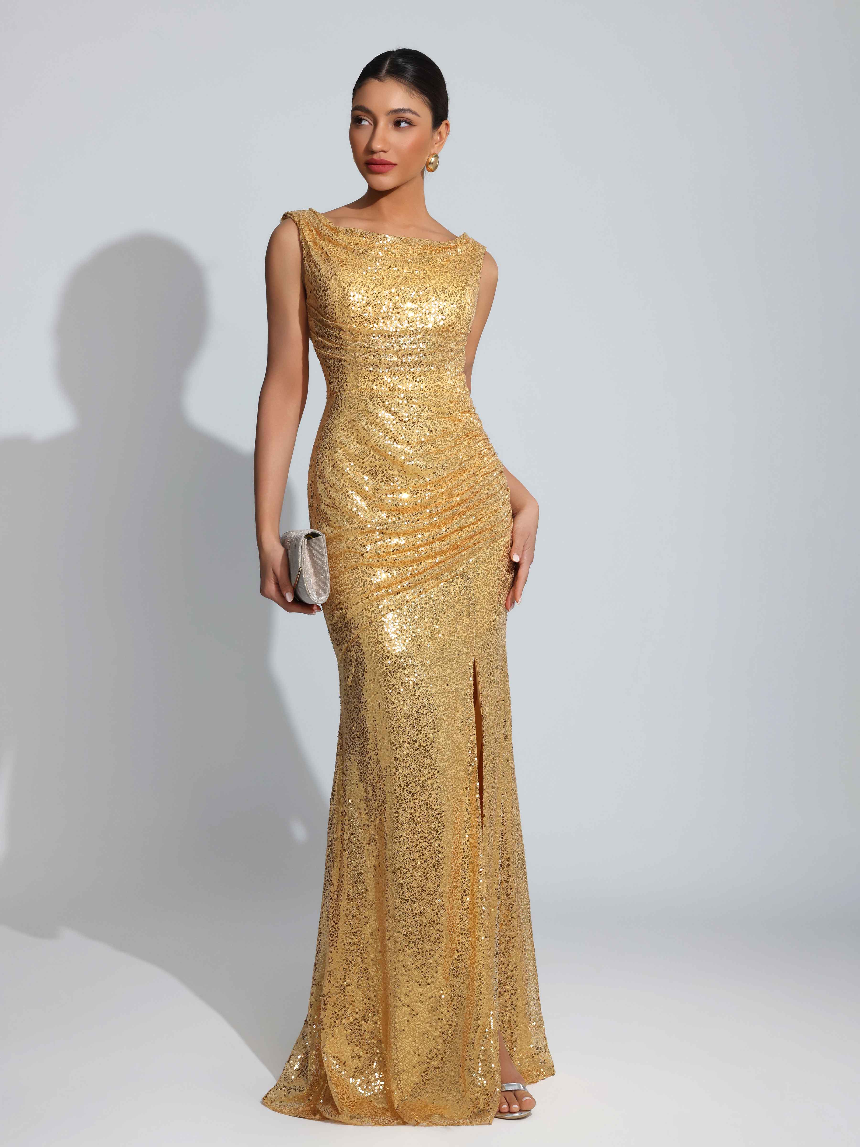 Laelith Glamorous Cowl Ruched Slit Floor Length Sequins Prom Dresses