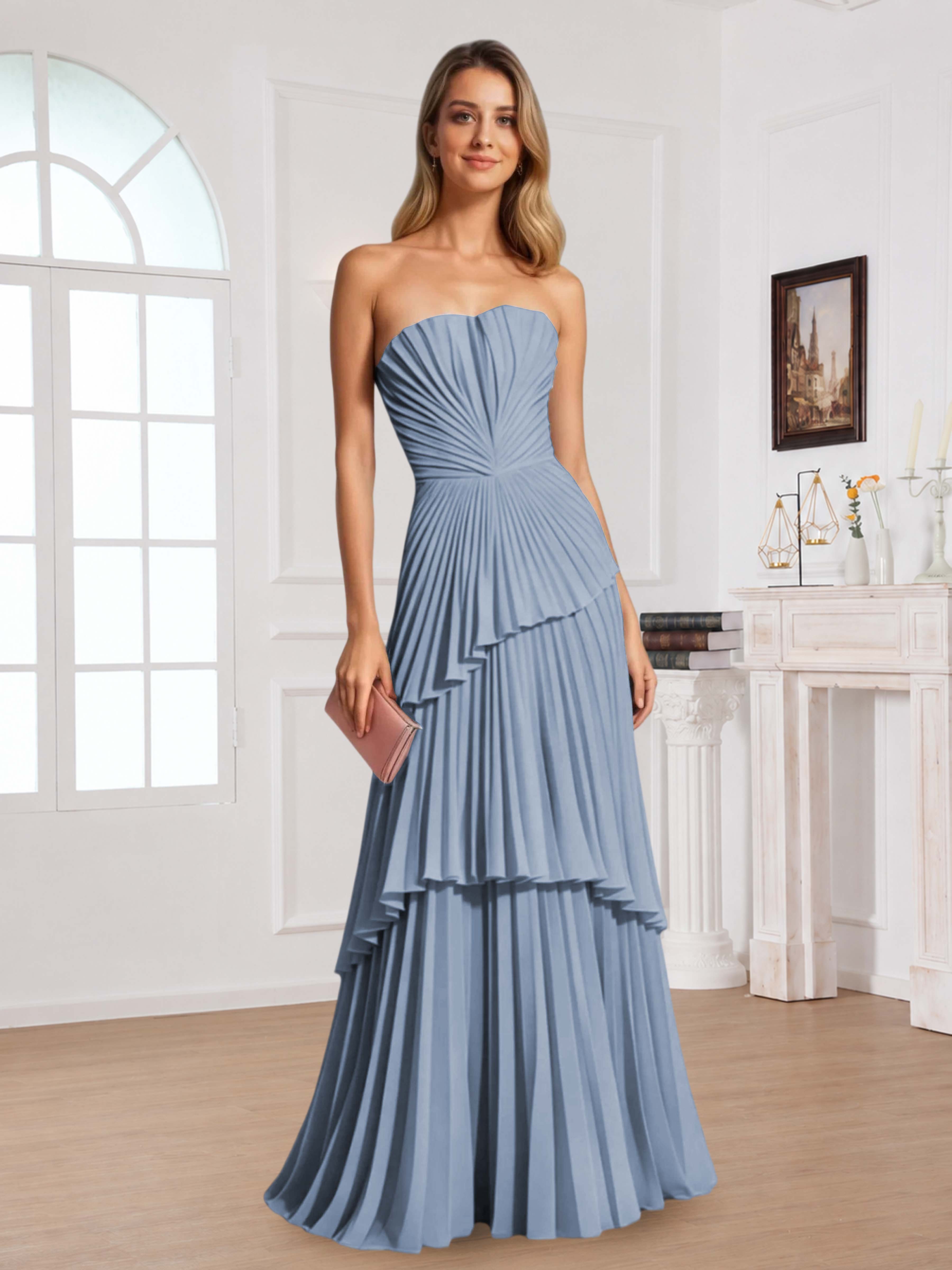 Laelitharae Chic Strapless Ruched Long Party Dresses, Dusty Blue