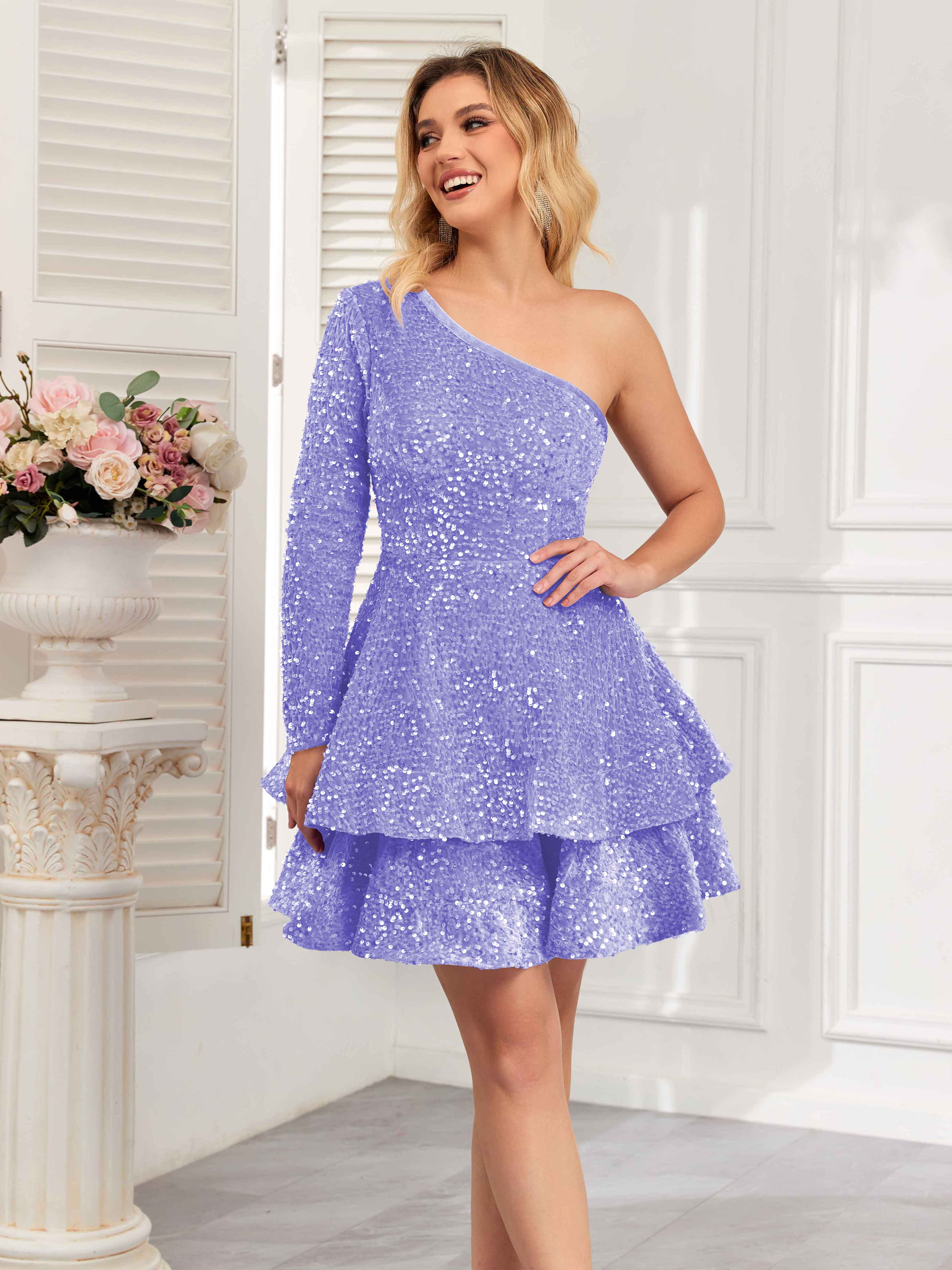 Lana Stylish A-Line One Shoulder Long Sleeves Tiered Sequin Homecoming Dresses, Lilac Lana Stylish A-Line One Shoulder Long Sleeves Tiered Sequin Homecoming Dresses, Lilac
