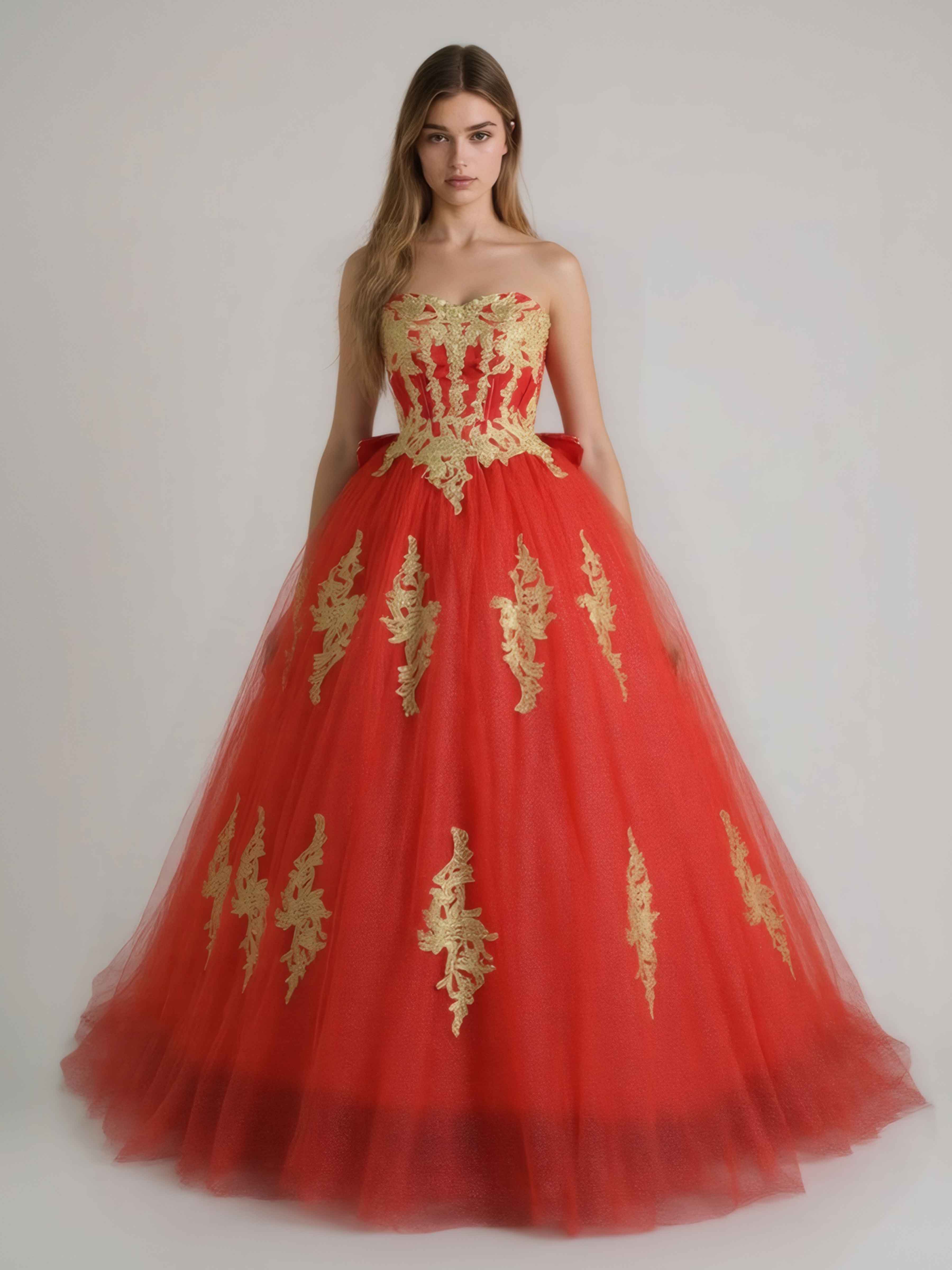 red and gold quinceanera dress Lara Stunning Strapless Lace Tulle Ball Gown Quinceanera Dresses