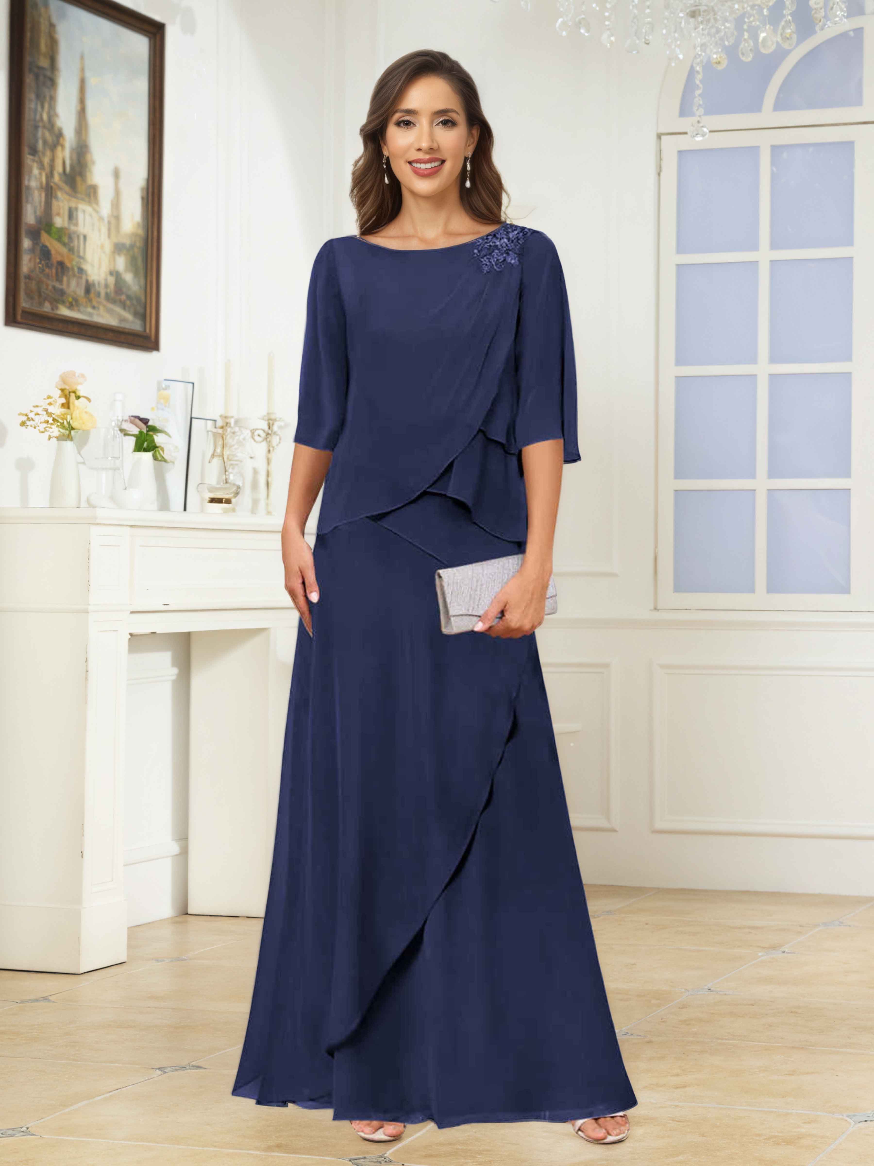Larkin Flattering Scoop Tiered Appliques Floor Length Chiffon Mother of the Bride Dresses