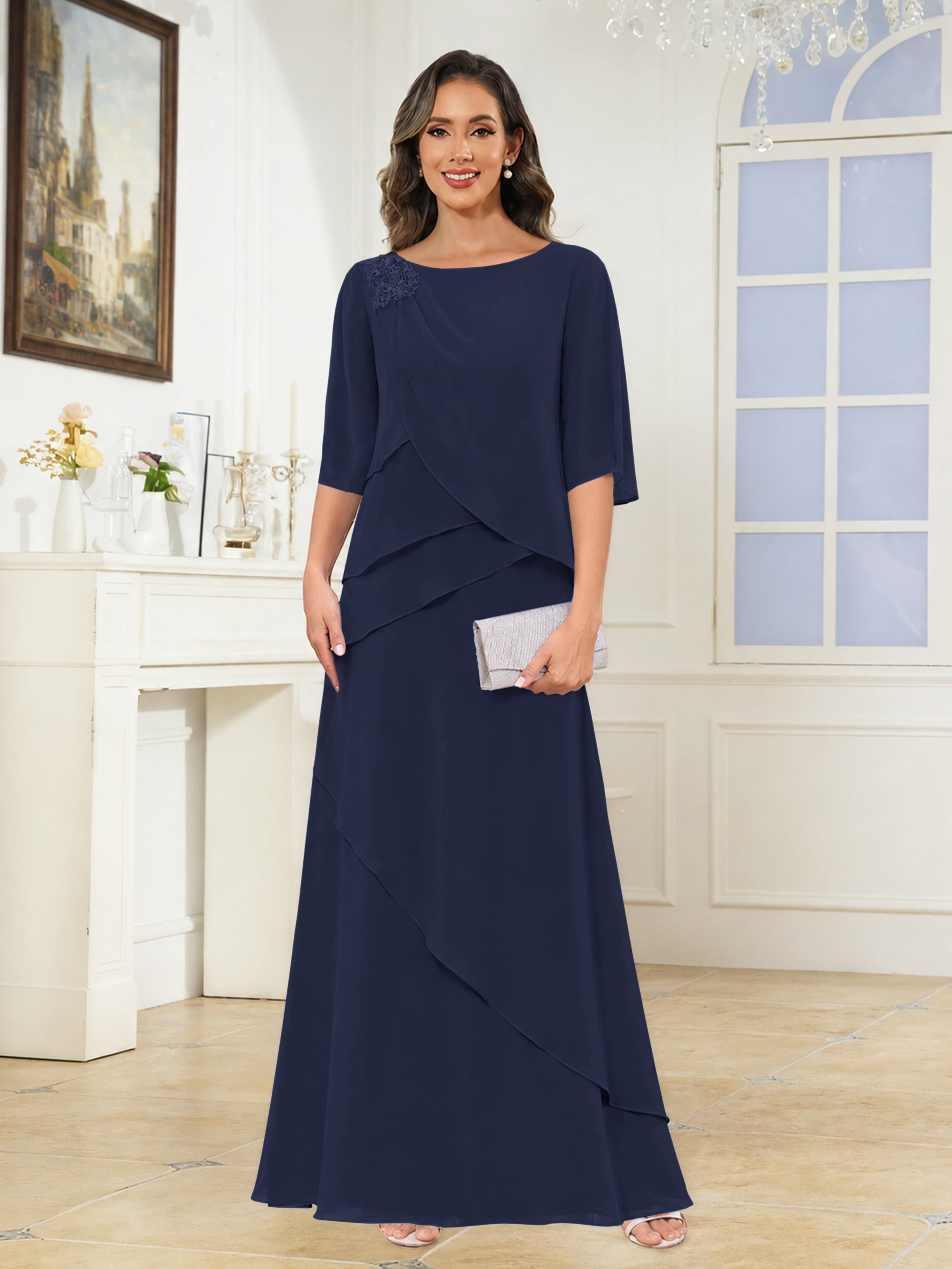 Larkin Flattering Scoop Tiered Appliques Floor Length Chiffon Mother of The Bride Dresses, Red