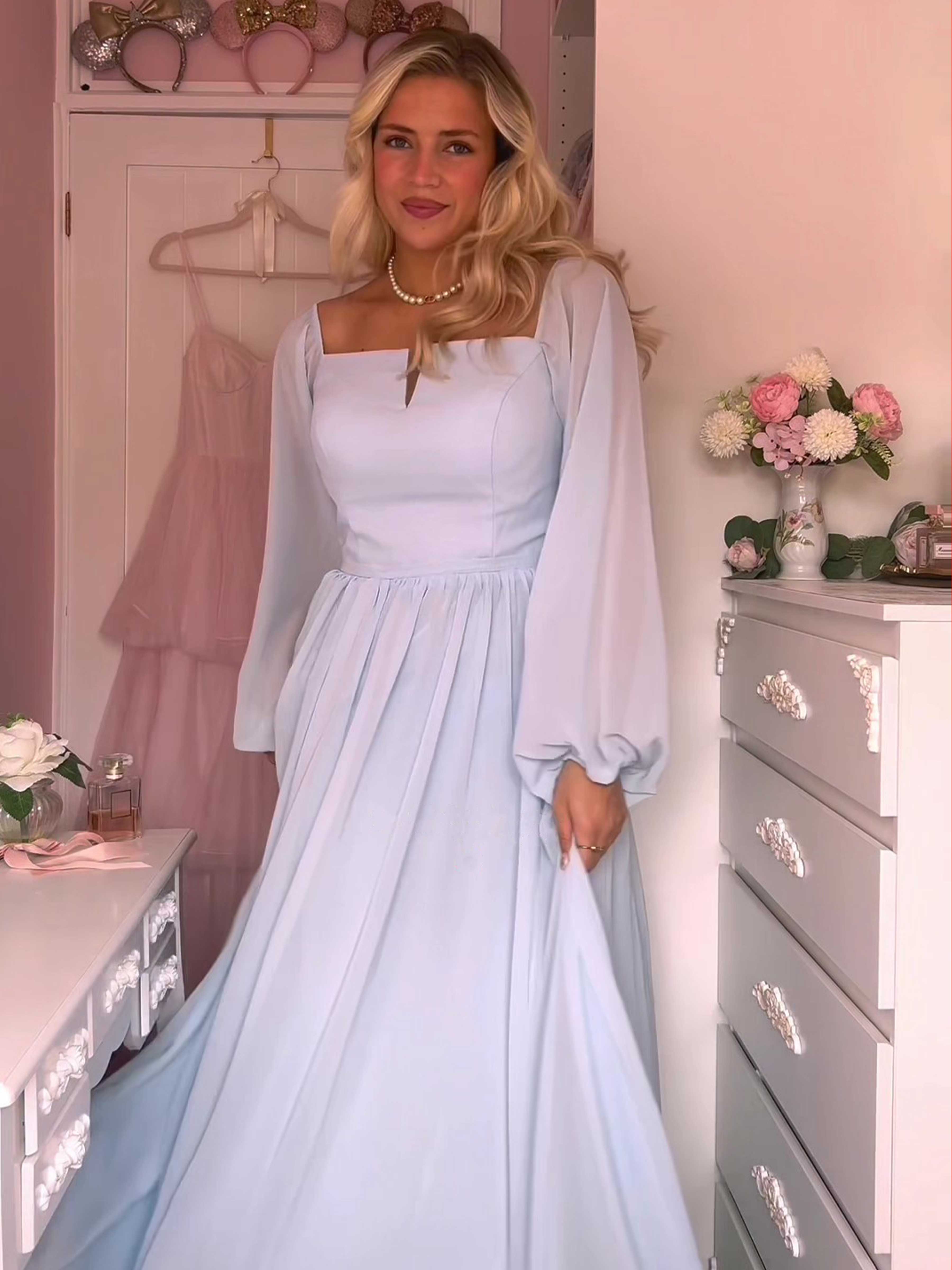 Laila Modest Long Sleeves Ruched Floor Length Bridesmaid Dresses, Sky Blue Laila Modest Long Sleeves Ruched Floor Length Bridesmaid Dresses, Sky Blue