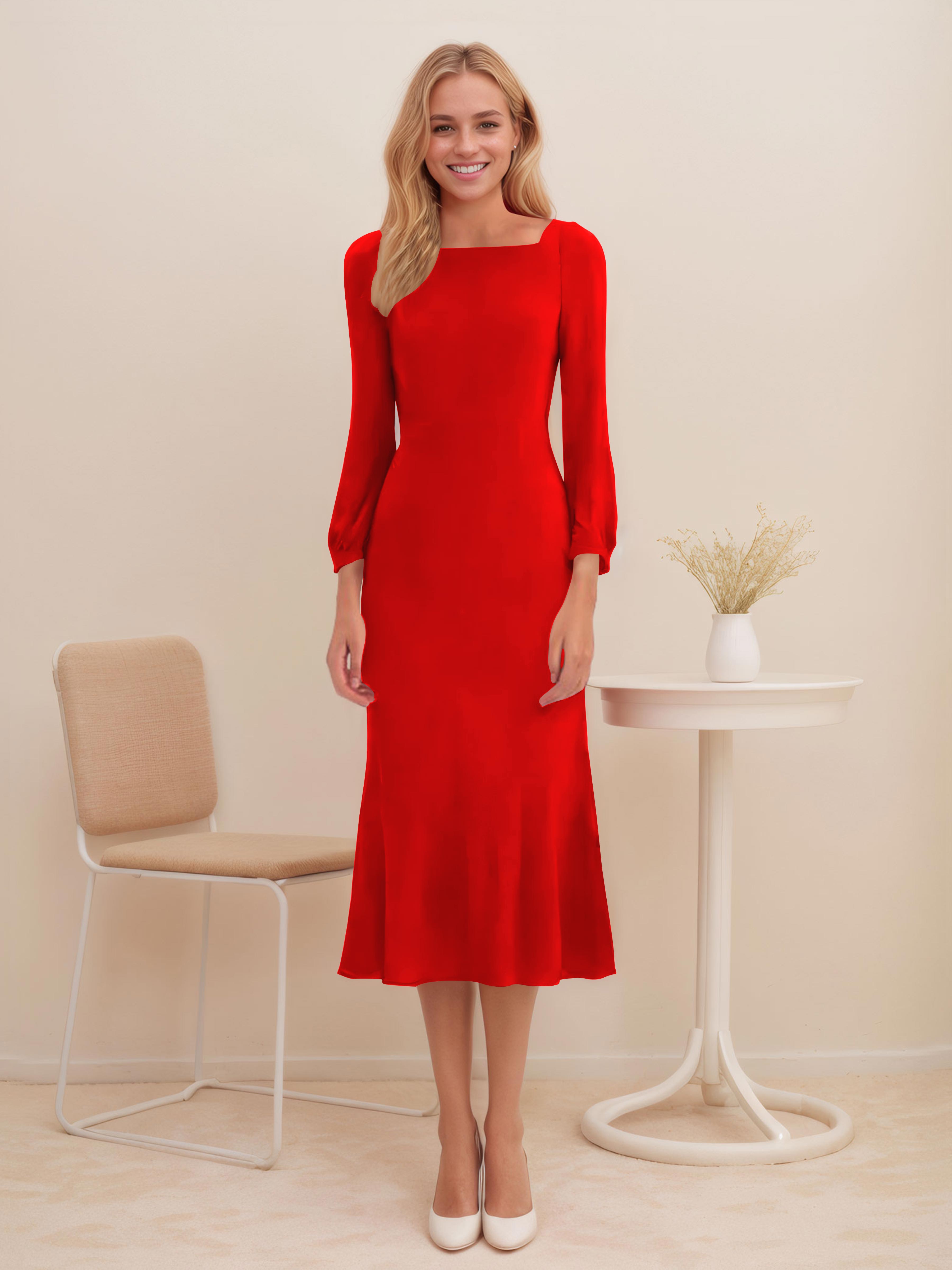 Liberty Sheath Square Long Sleeves Midi Formal Dresses, Red Liberty Sheath Square Long Sleeves Midi Formal Dresses, Red