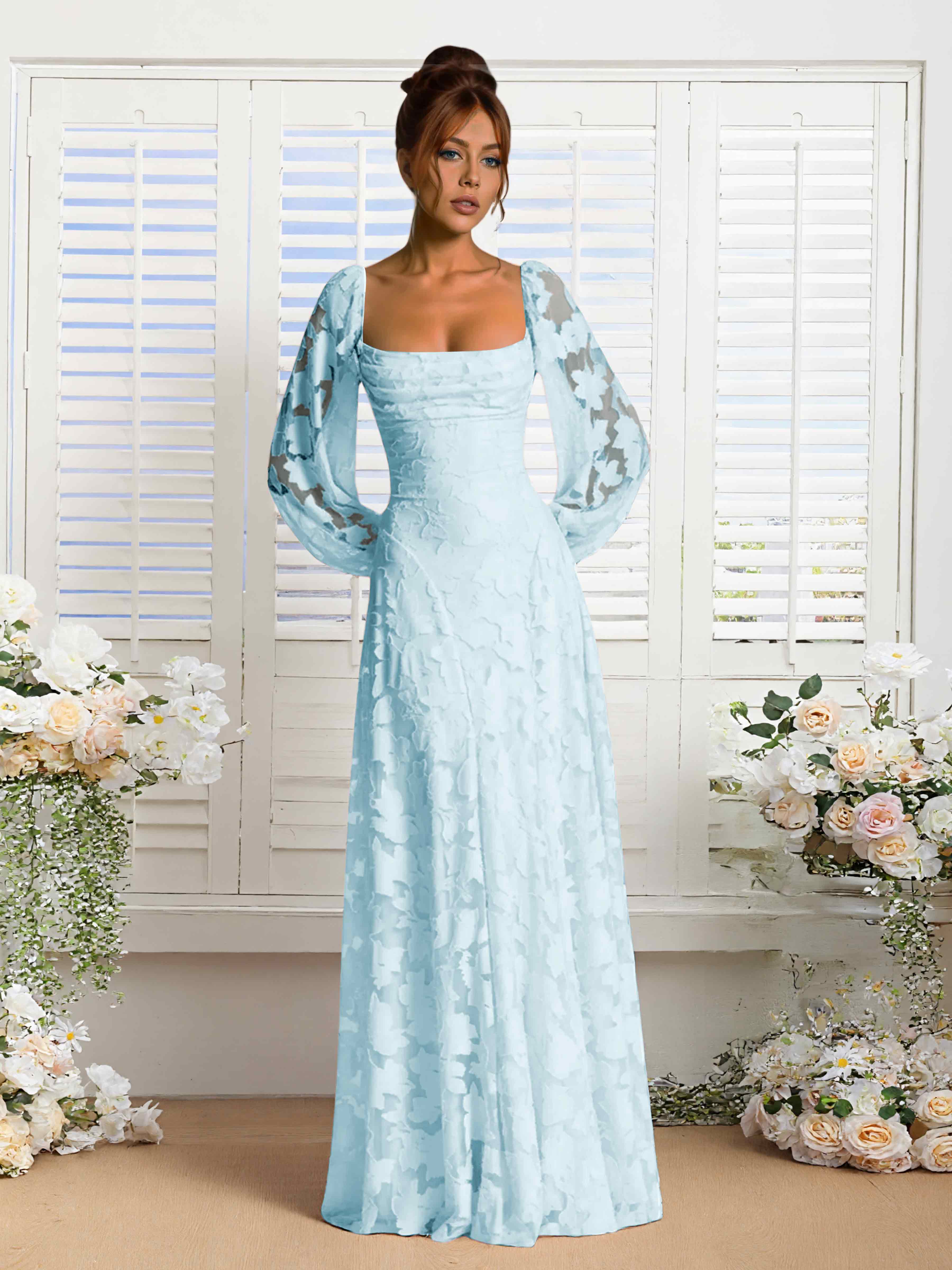 Xandra A-Line Long Sleeves Floor Length Floral Lace Formal Dresses