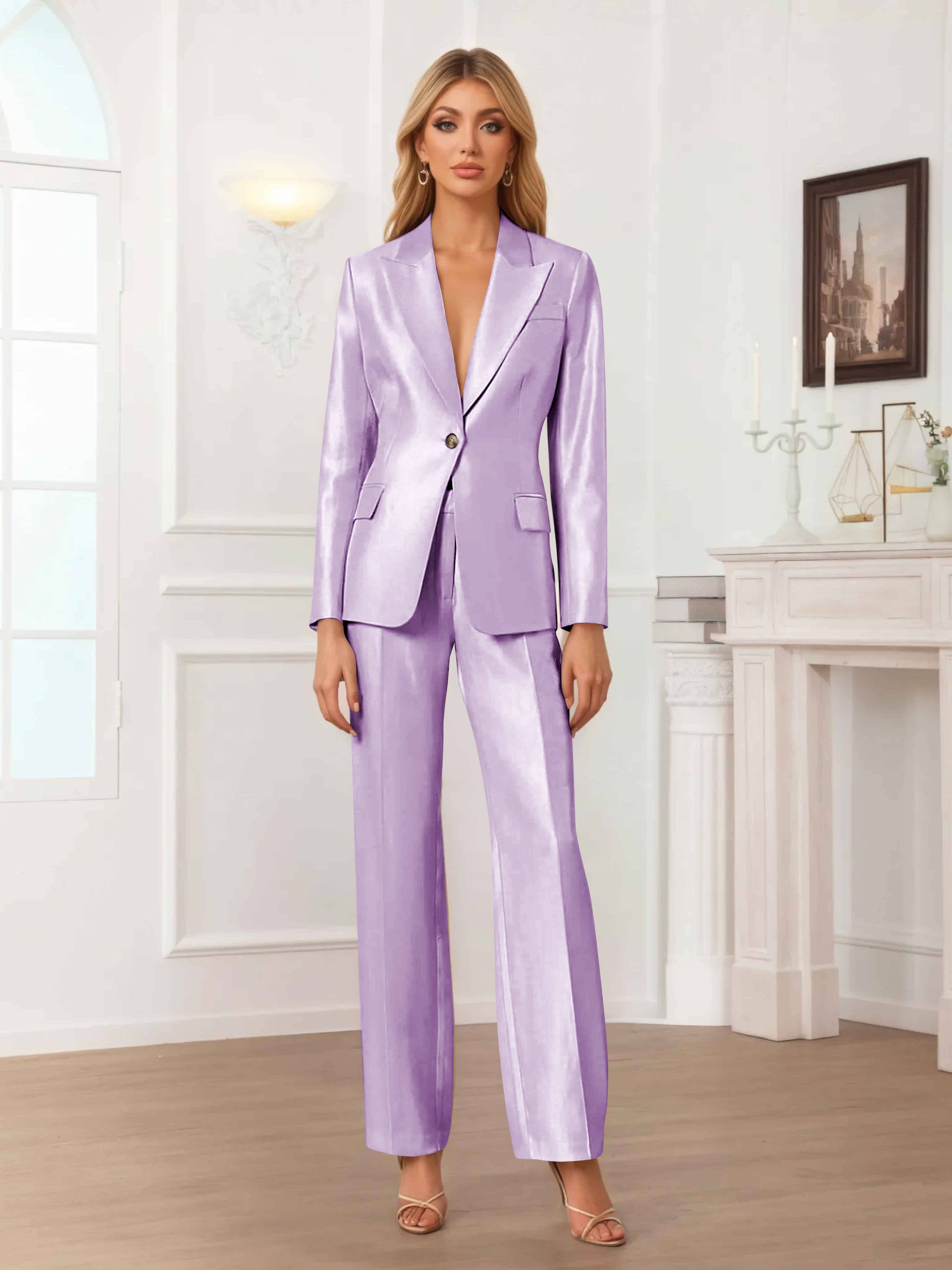 Women's 2 Pieces Peak Lapel One-Button Satin Formal Suit Set