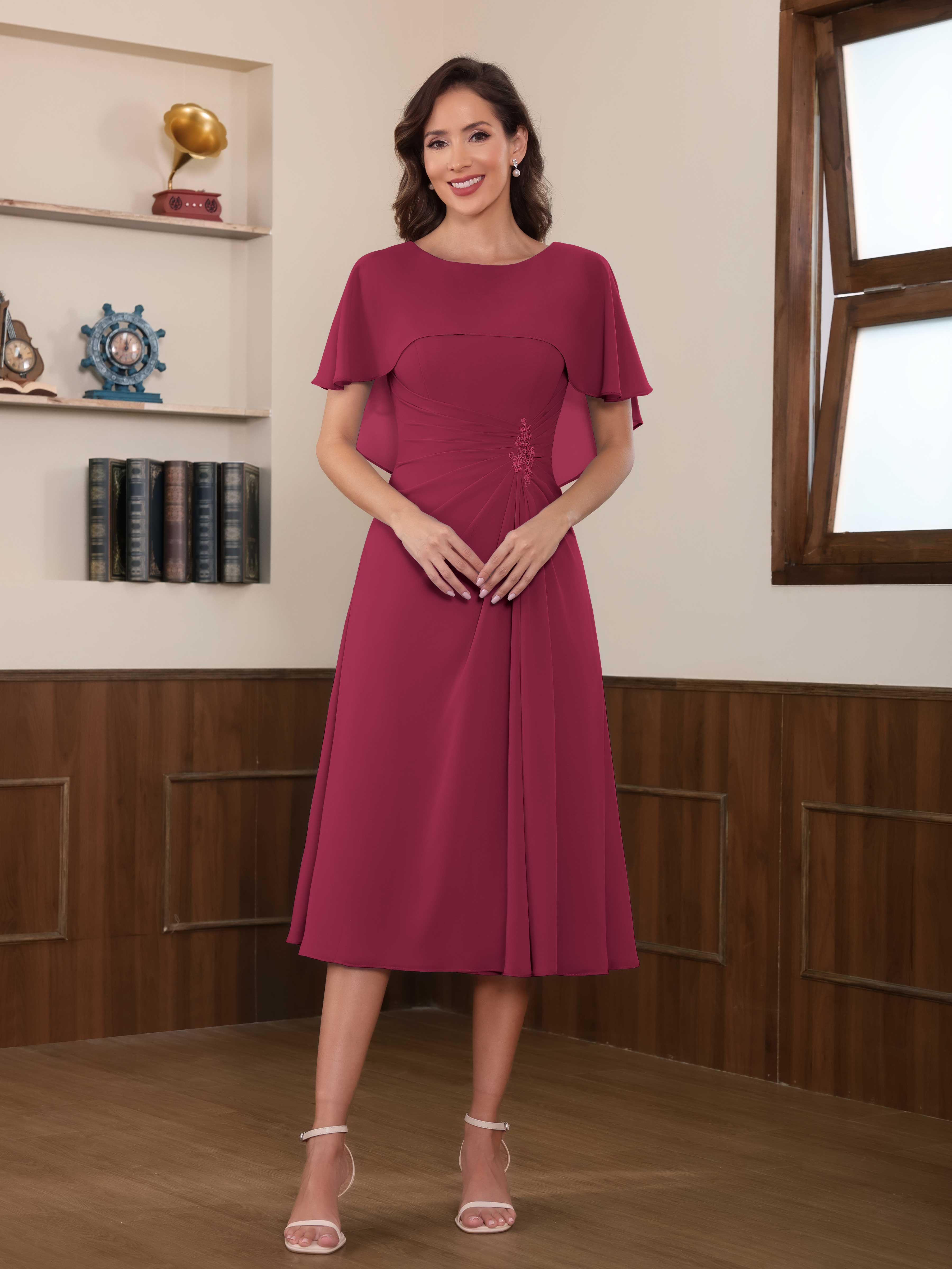 tea length a line dress Liora Trendy A-Line Scoop Tea Length Mother of the Bride Dresses With Cape, Cinnamon Rose