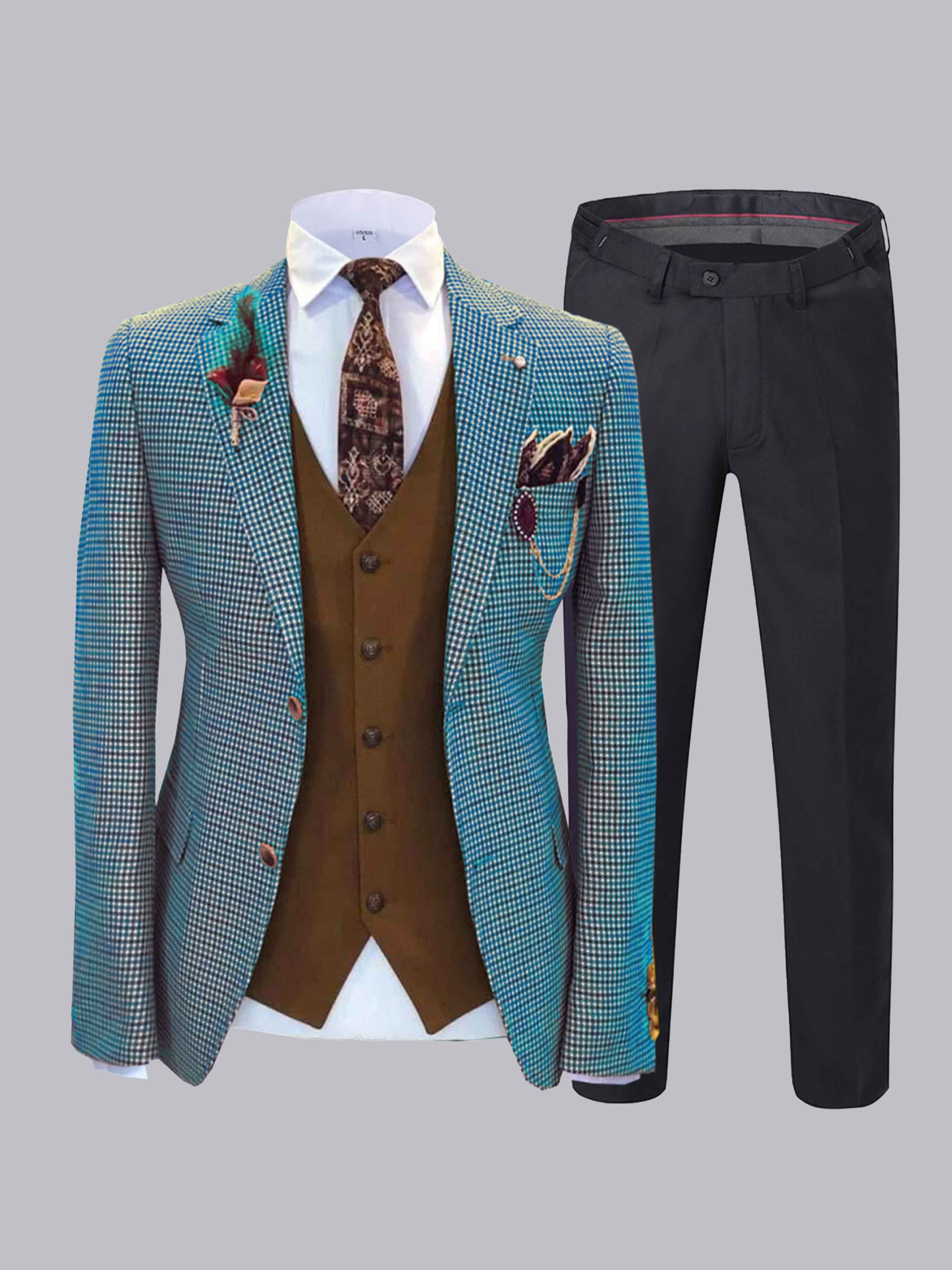 3 Pieces Men's Houndstooth Notch Lapel Two Buttons Suit