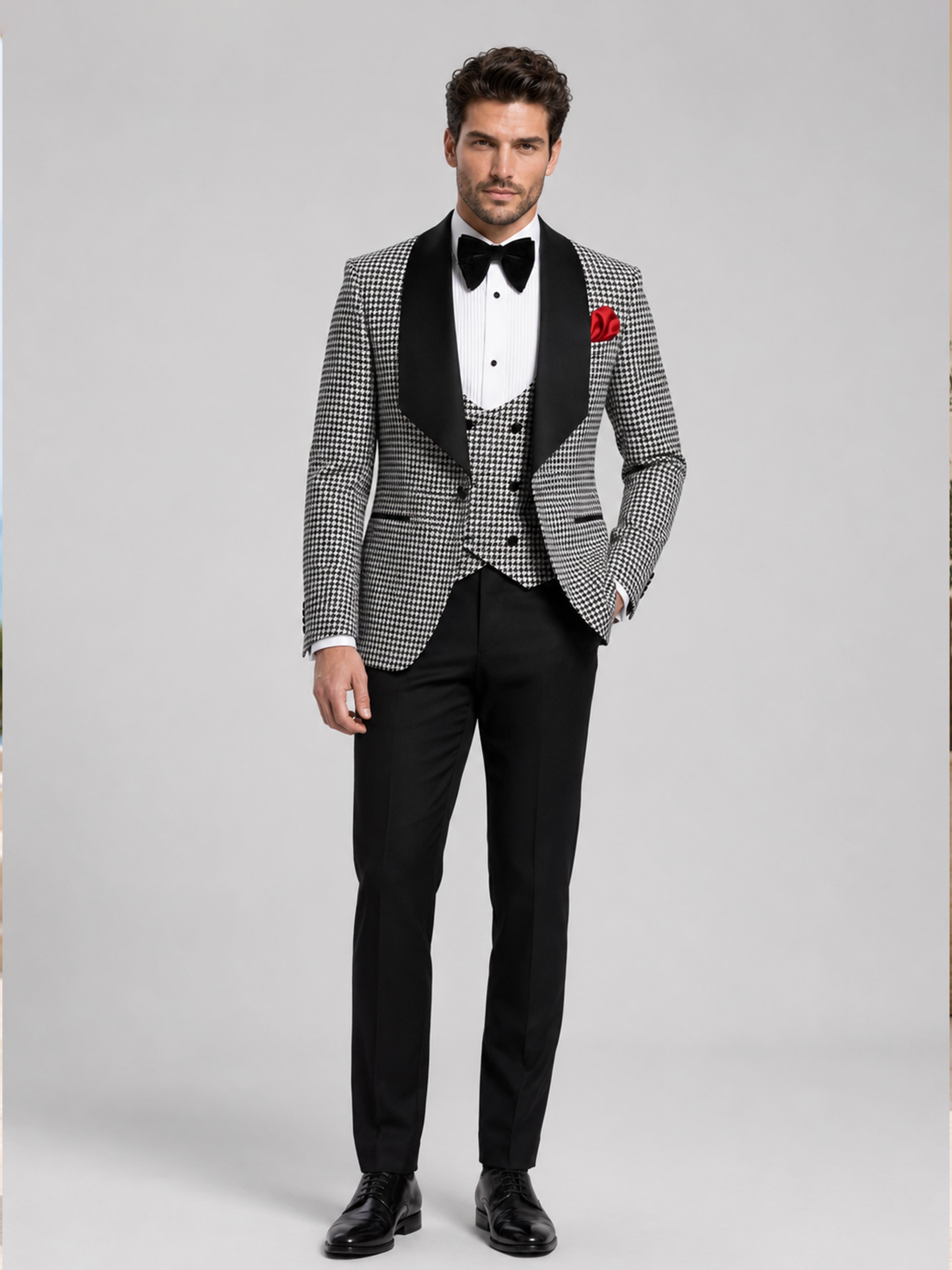Sophisticated Houndstooth Tuxedo Suit for Men with Shawl Lapel