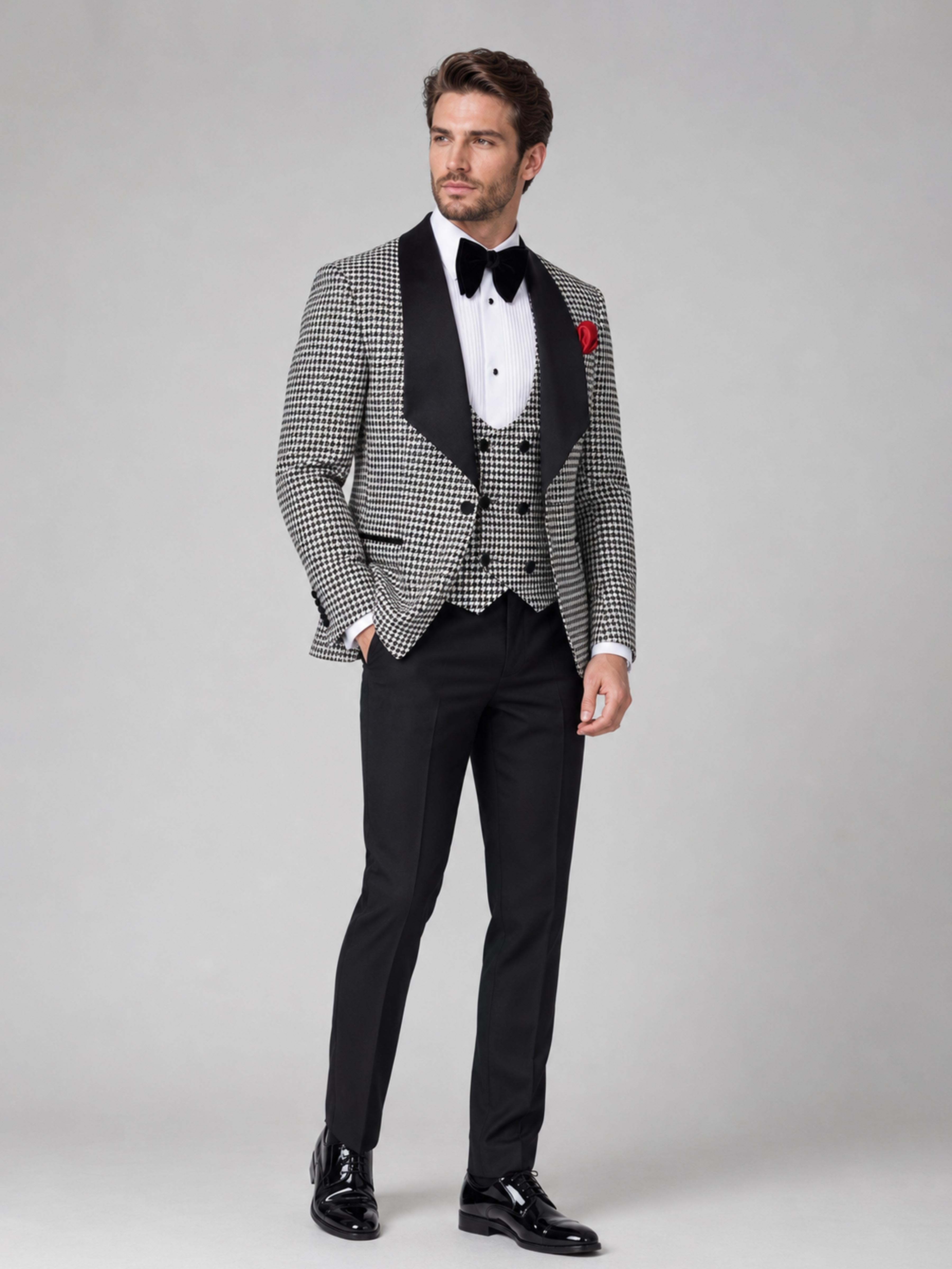 Sophisticated Houndstooth Tuxedo Suit for Men with Shawl Lapel