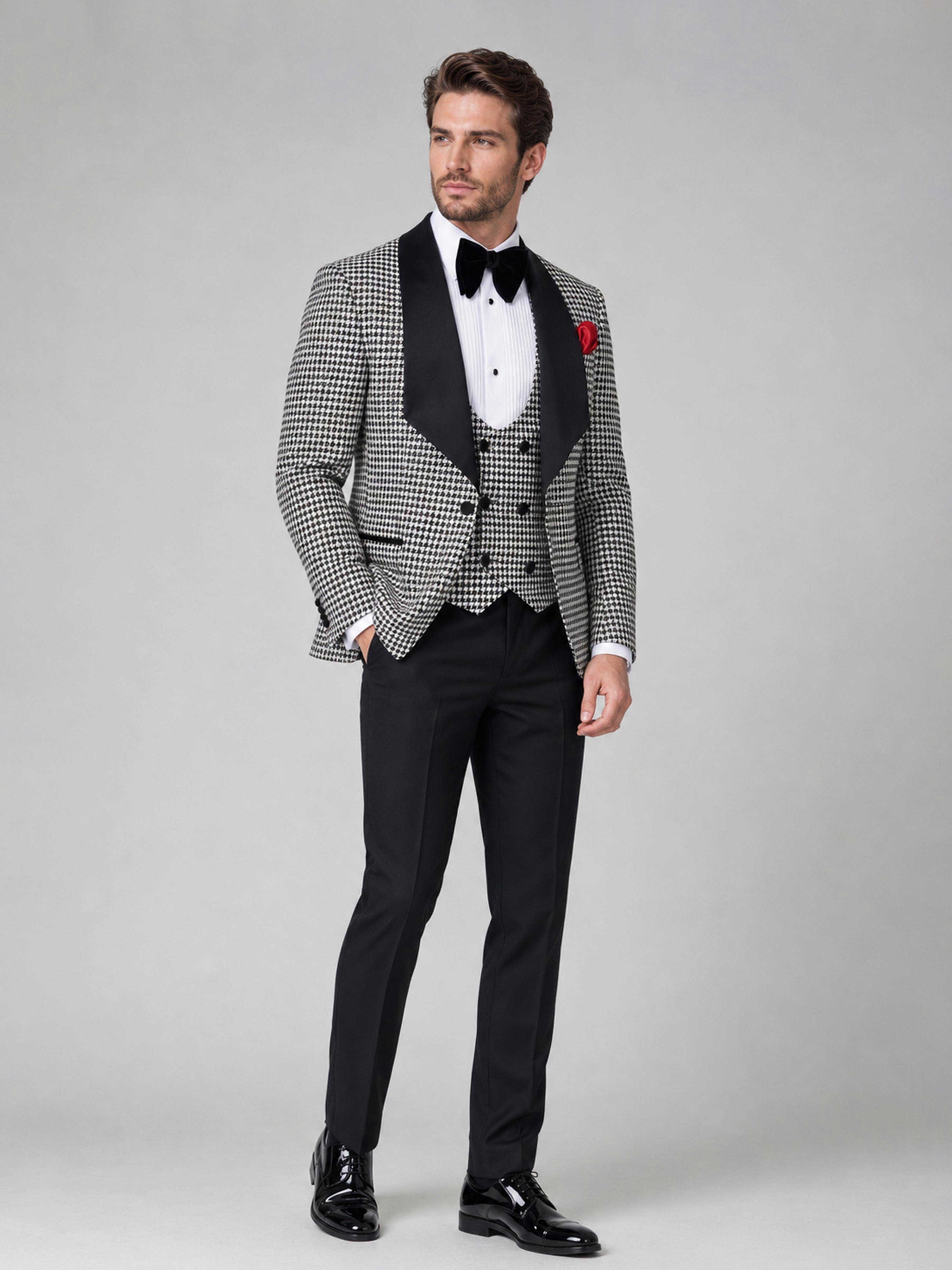 Sophisticated Houndstooth Tuxedo Suit for Men with Shawl Lapel