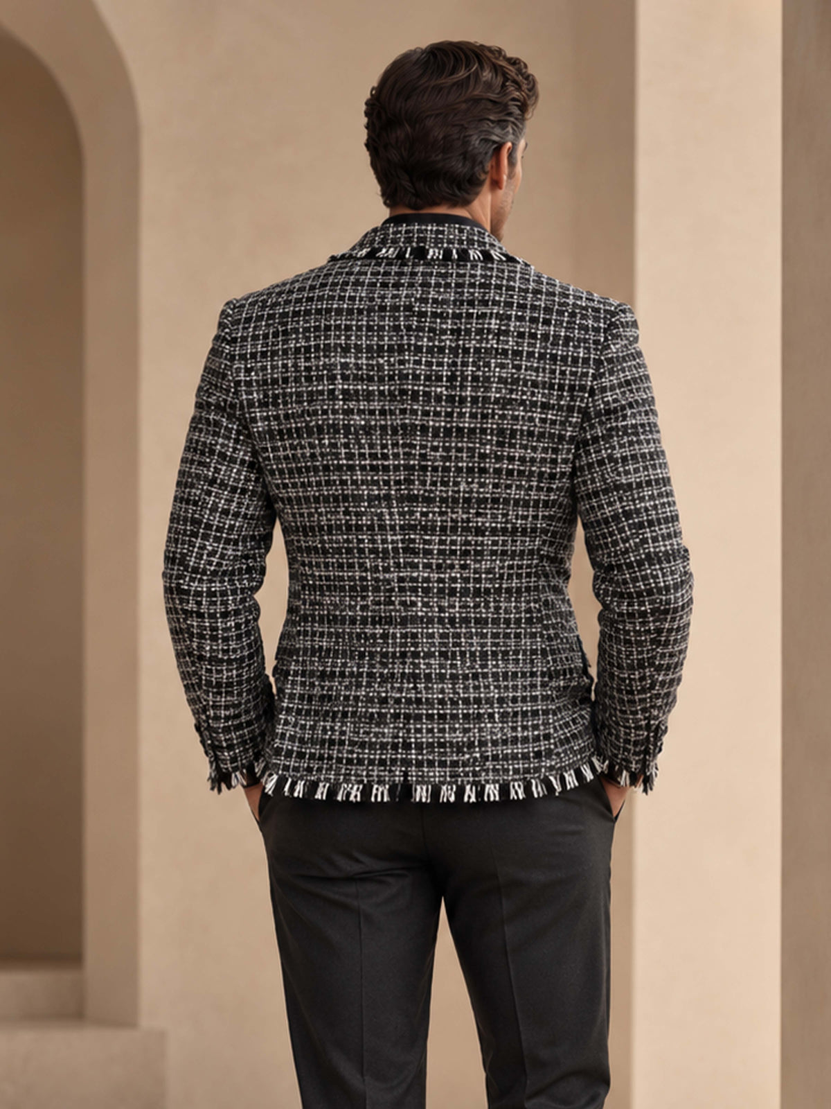 Men's Plaid Tweed 2-Piece Suit with Fringe Trim Blazer & Pants