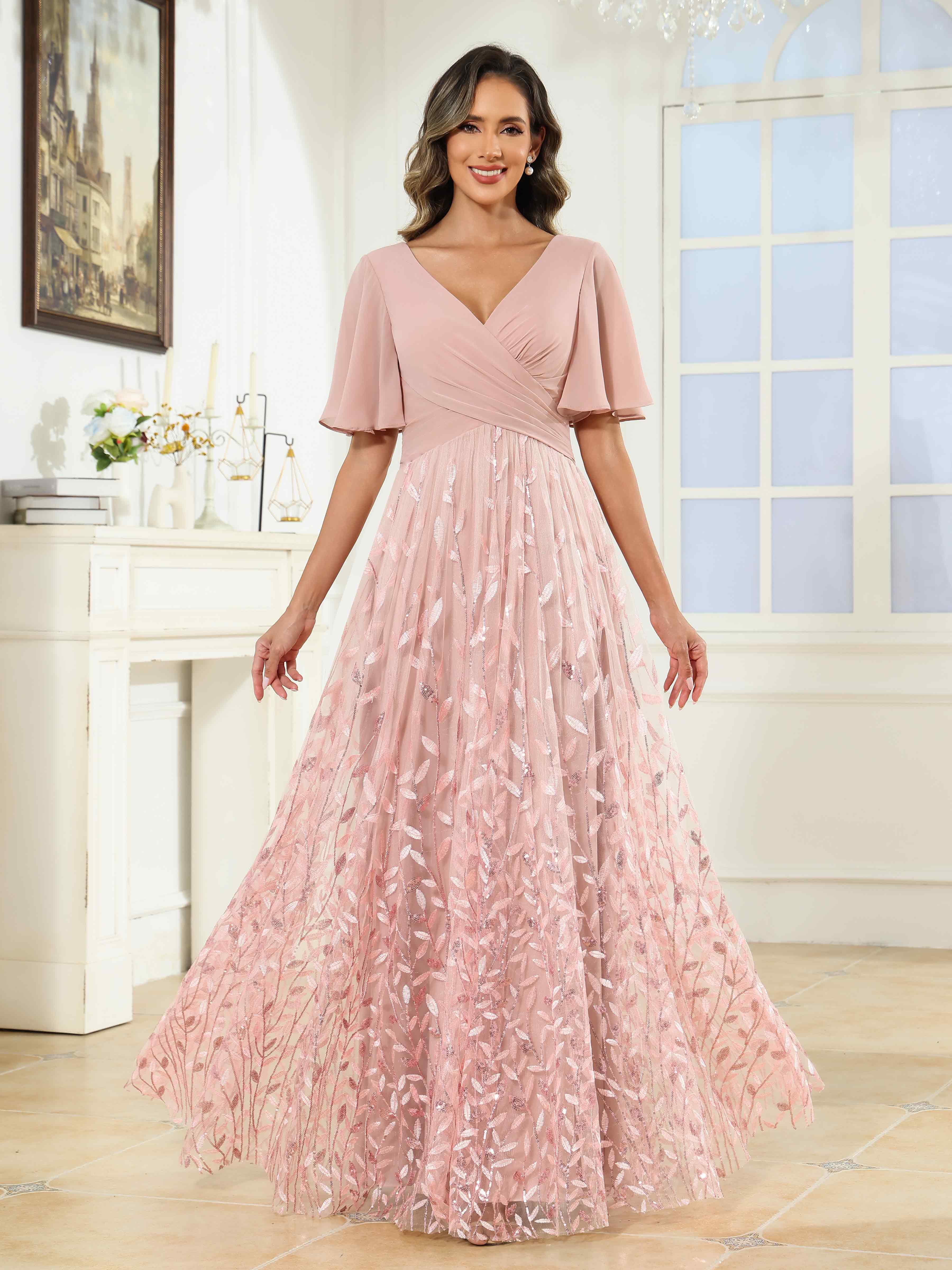 Marina Dreamy A-Line Sequins Floor Length Mother of the Bride Dresses, Dusty Rose Marina Dreamy A-Line Sequins Floor Length Mother of the Bride Dresses, Dusty Rose