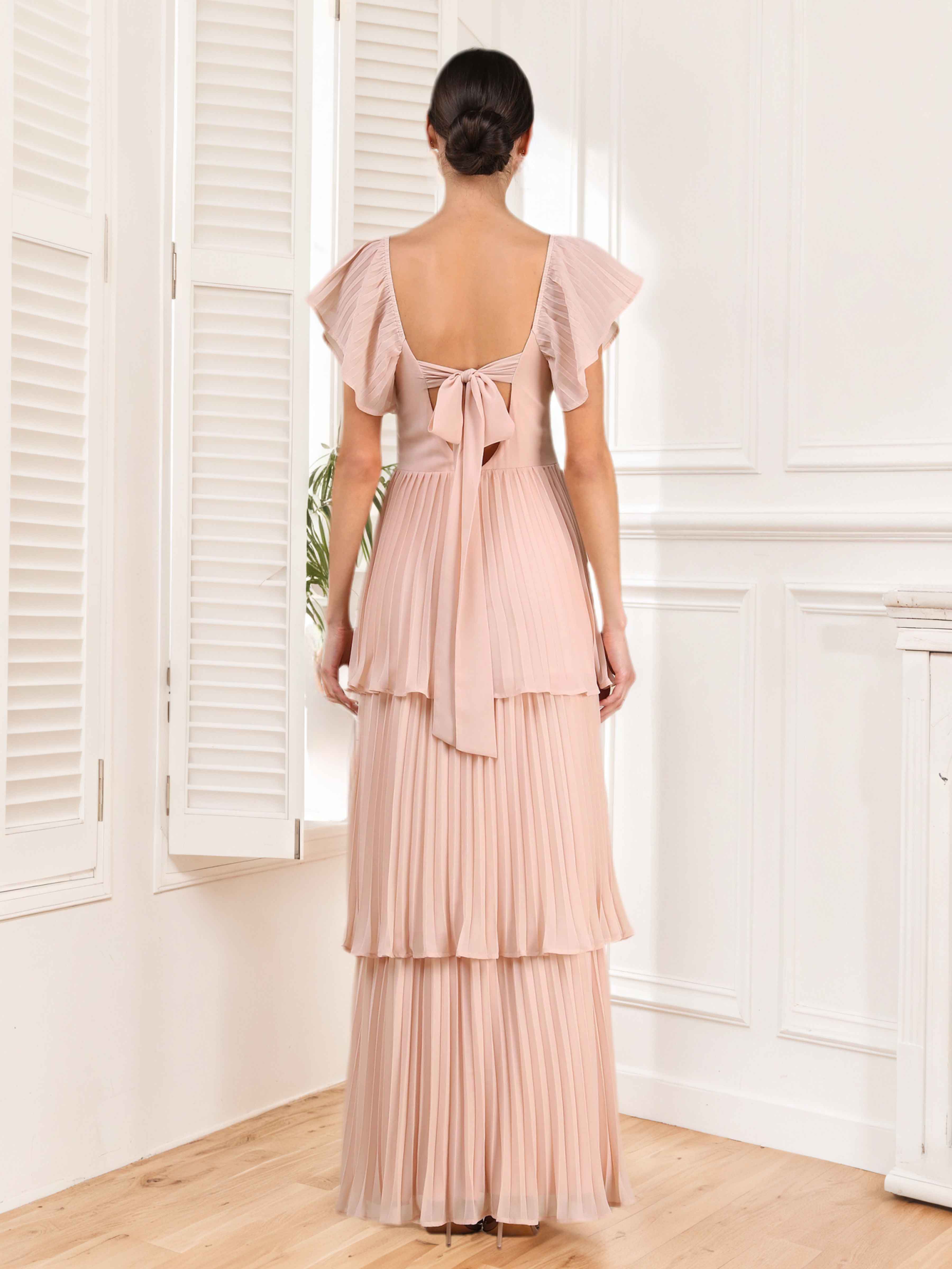 Maven Charming A-Line V Neck Pleated Flutter Sleeves Maxi Dresses