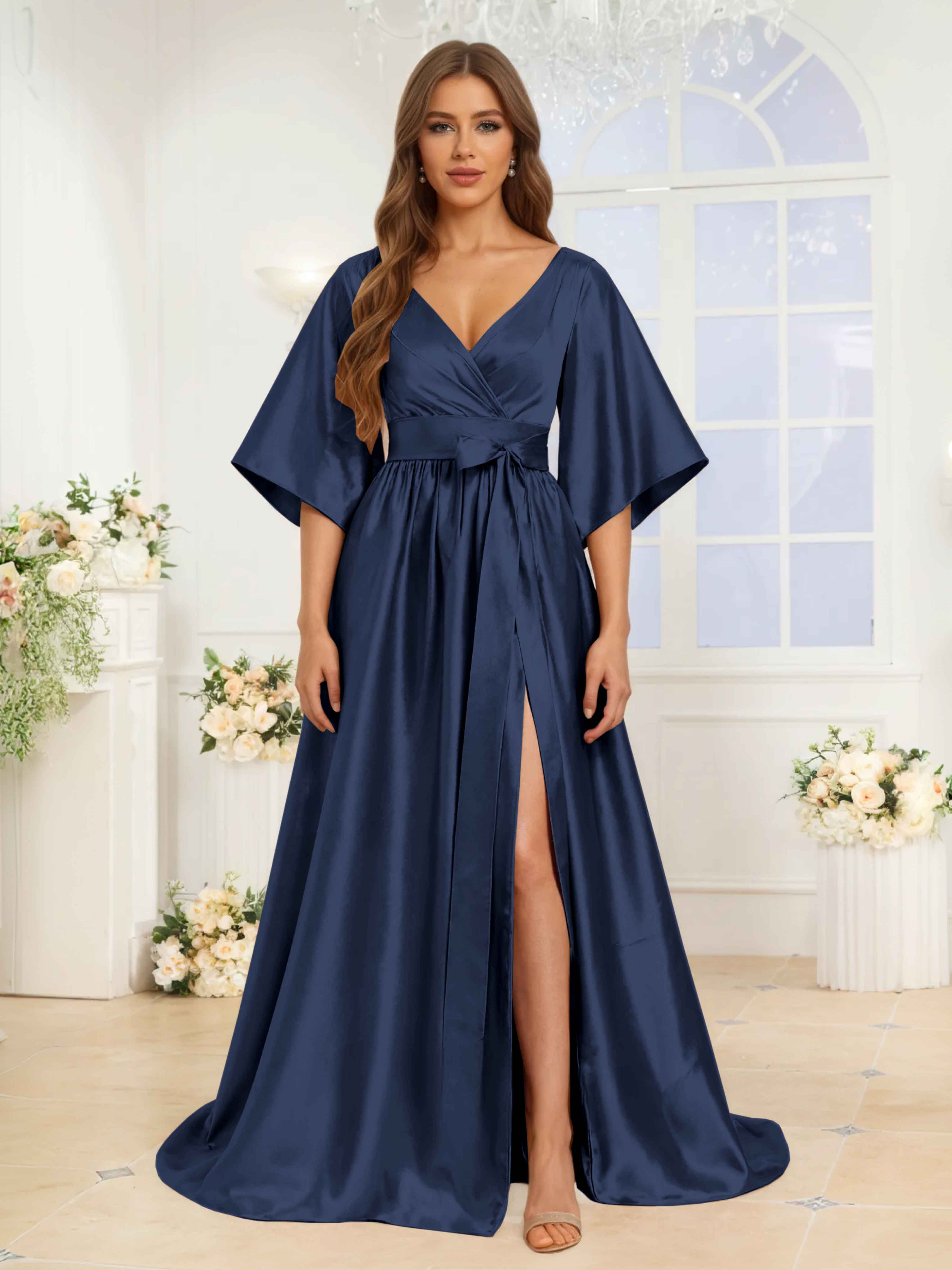 Melusine Trendy A-Line V Neck Pleated Long Satin Formal Dresses Melusine Trendy A-Line V Neck Pleated Long Satin Formal Dresses
