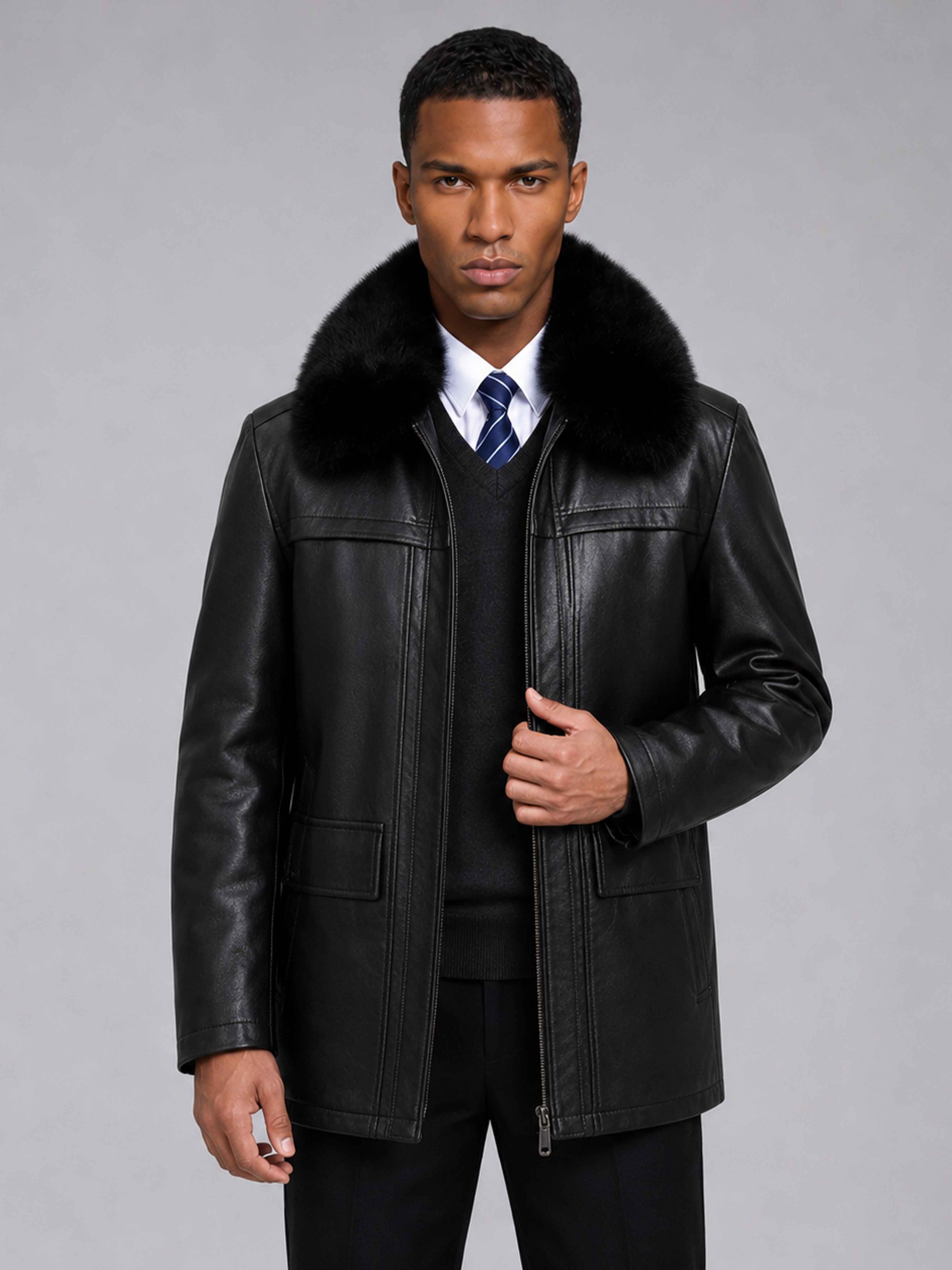 Men's Faux Leather Jacket with Detachable Faux Fur Collar