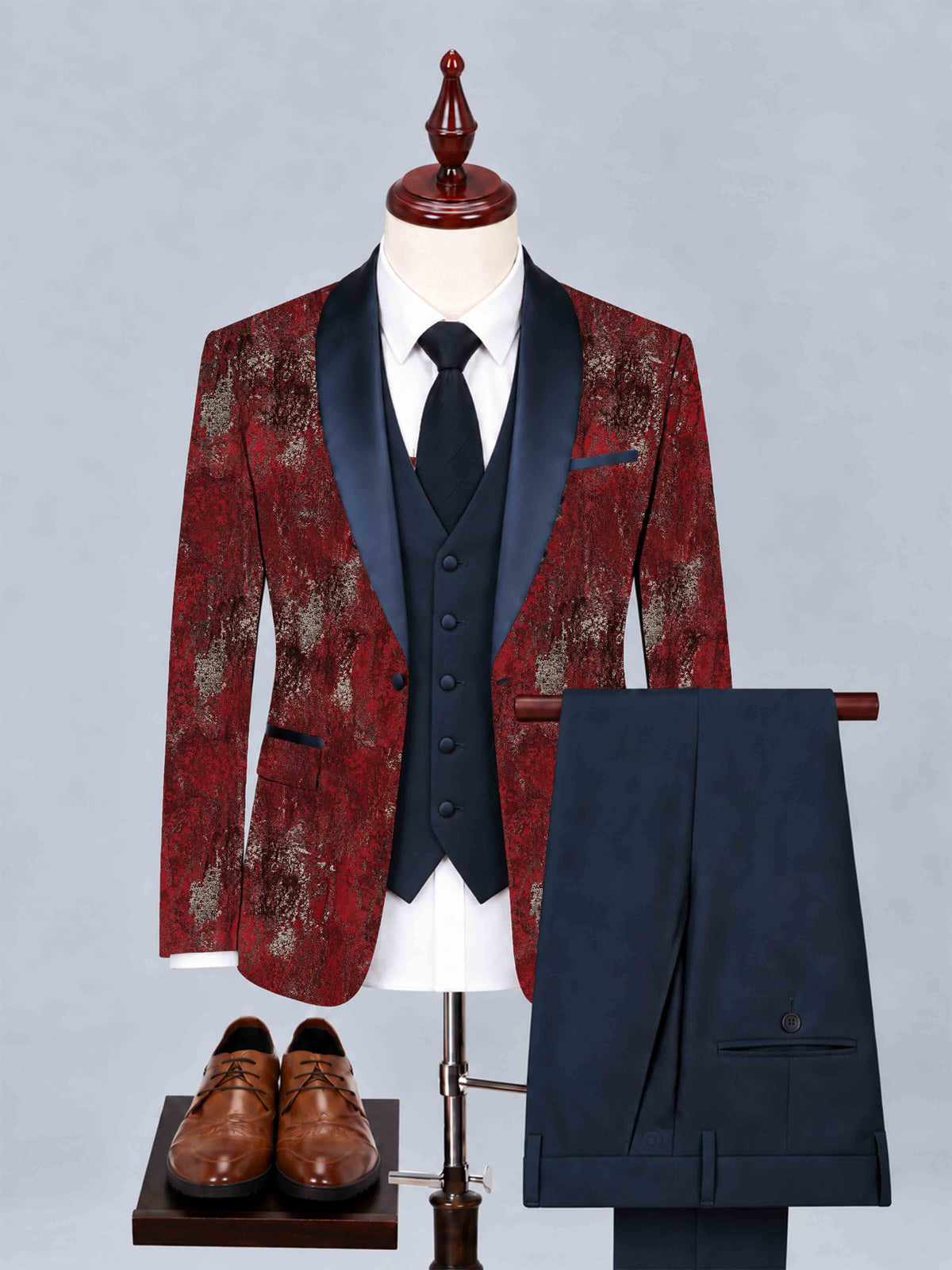 Men's Floral Jacquard 3-Piece Wedding Suit, Baroque Blazer, Vest & Pants