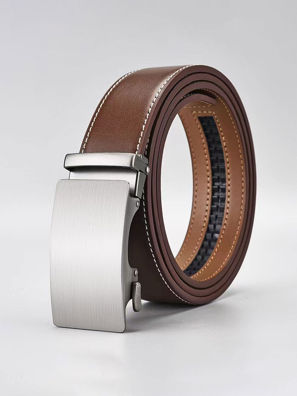 Men's Automatic Buckle Leather Belt, No-Hole Slide Ratchet Strap