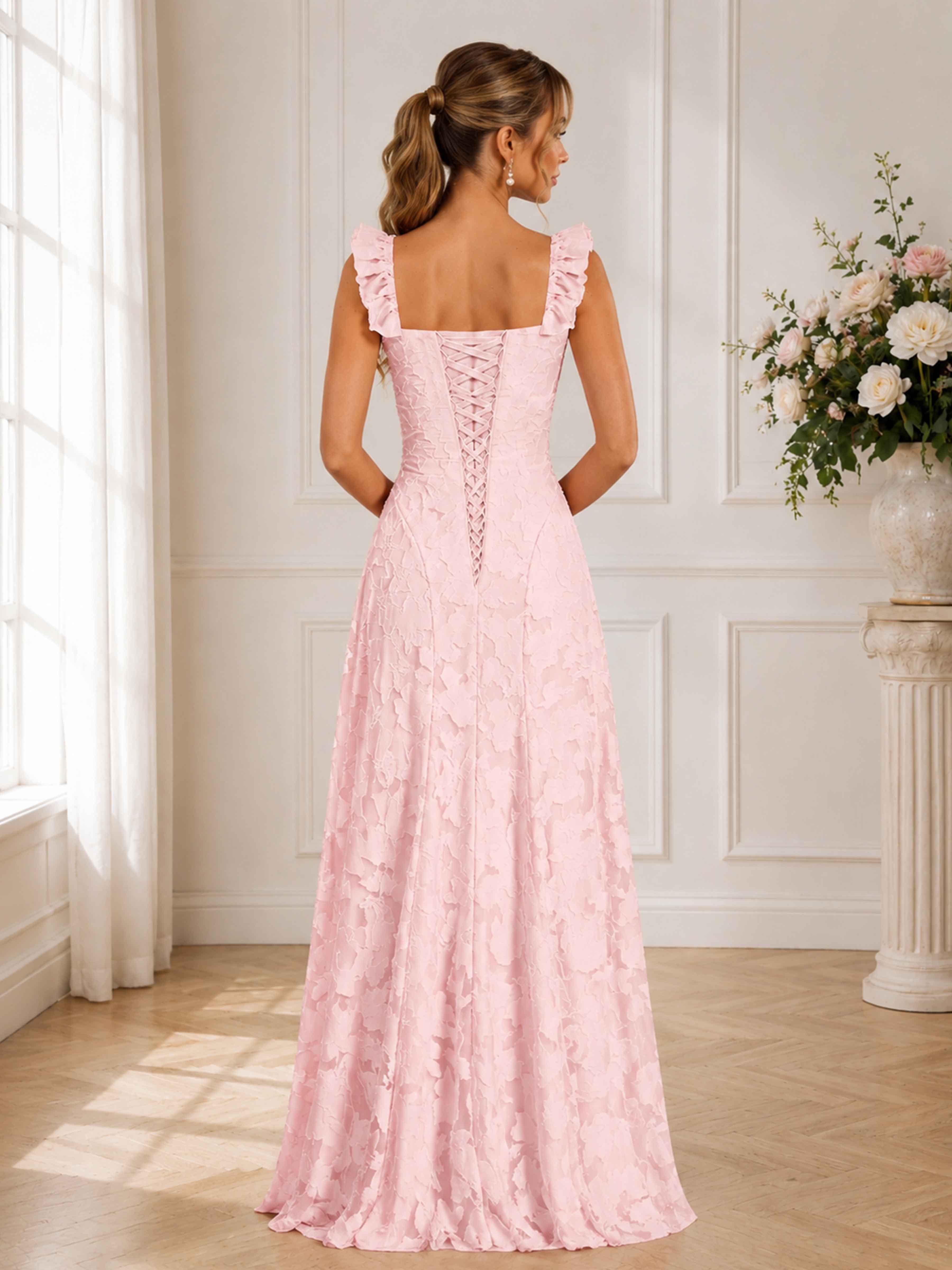 Milena A-Line Square Neck Floral Jacquard Bridesmaid Dress