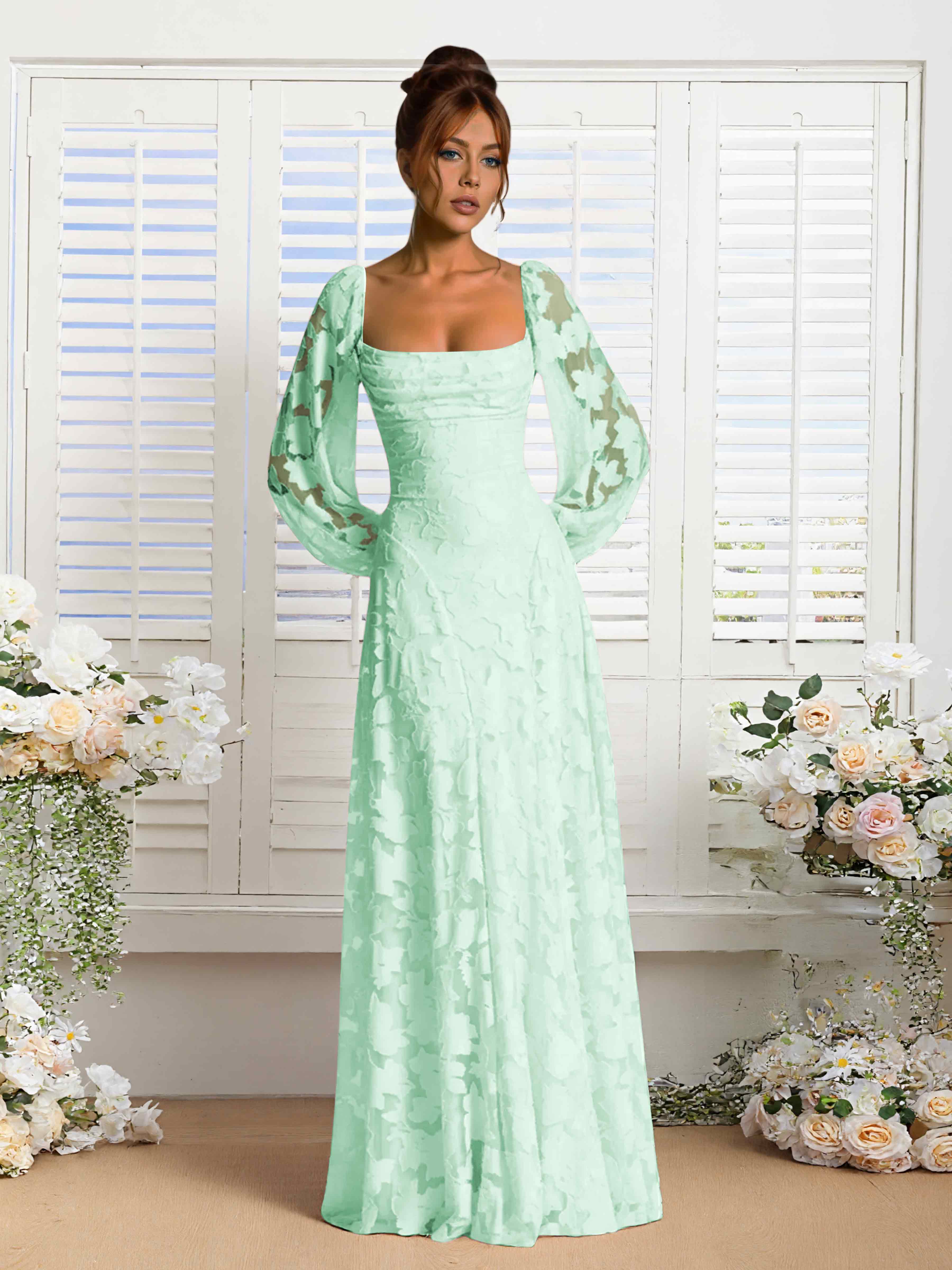 Xandra A-Line Long Sleeves Floor Length Floral Lace Formal Dresses