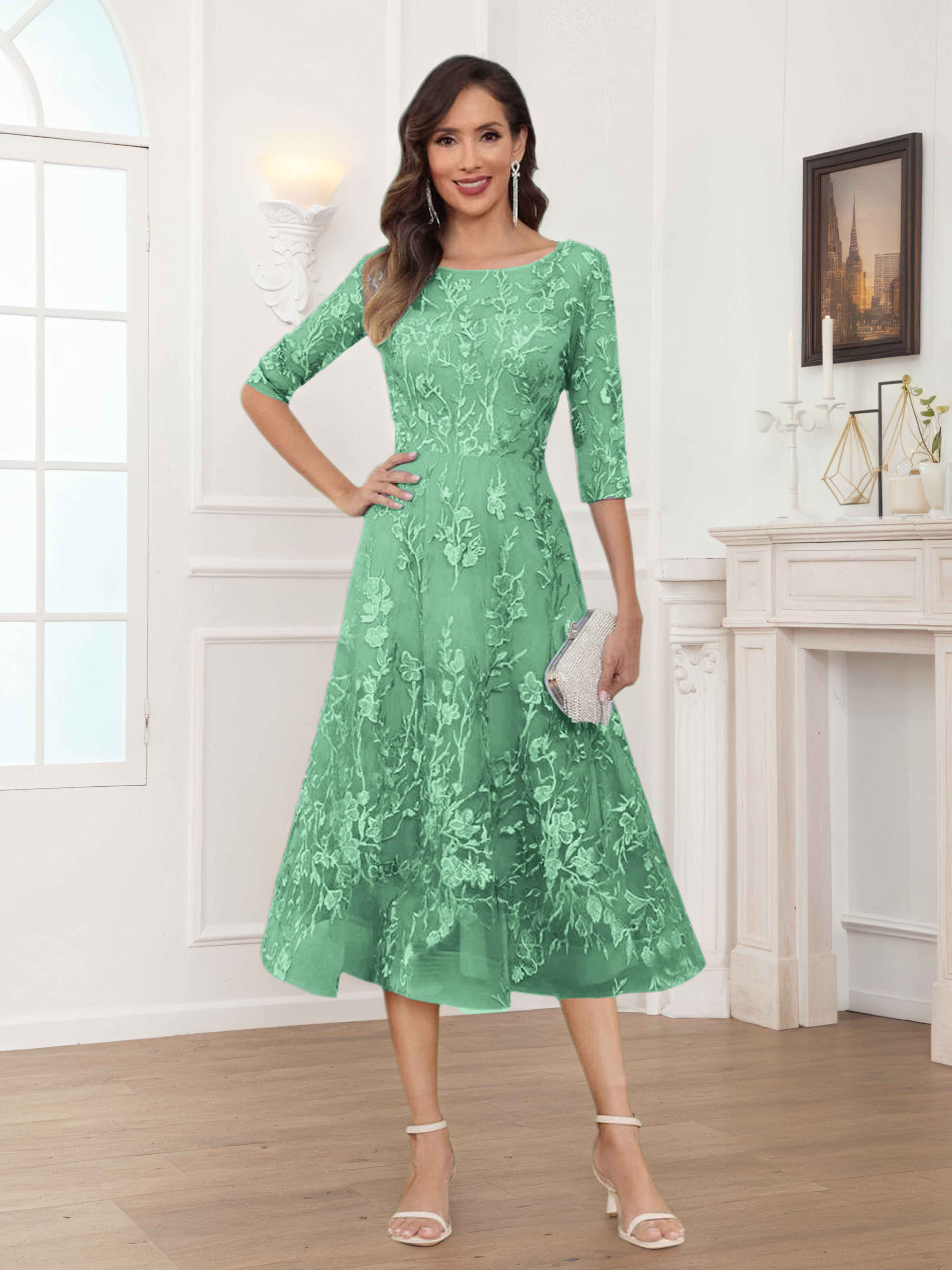 Pax Exquisite A-Line Illusion Lace Tea Length Mother of The Bride Dresses
