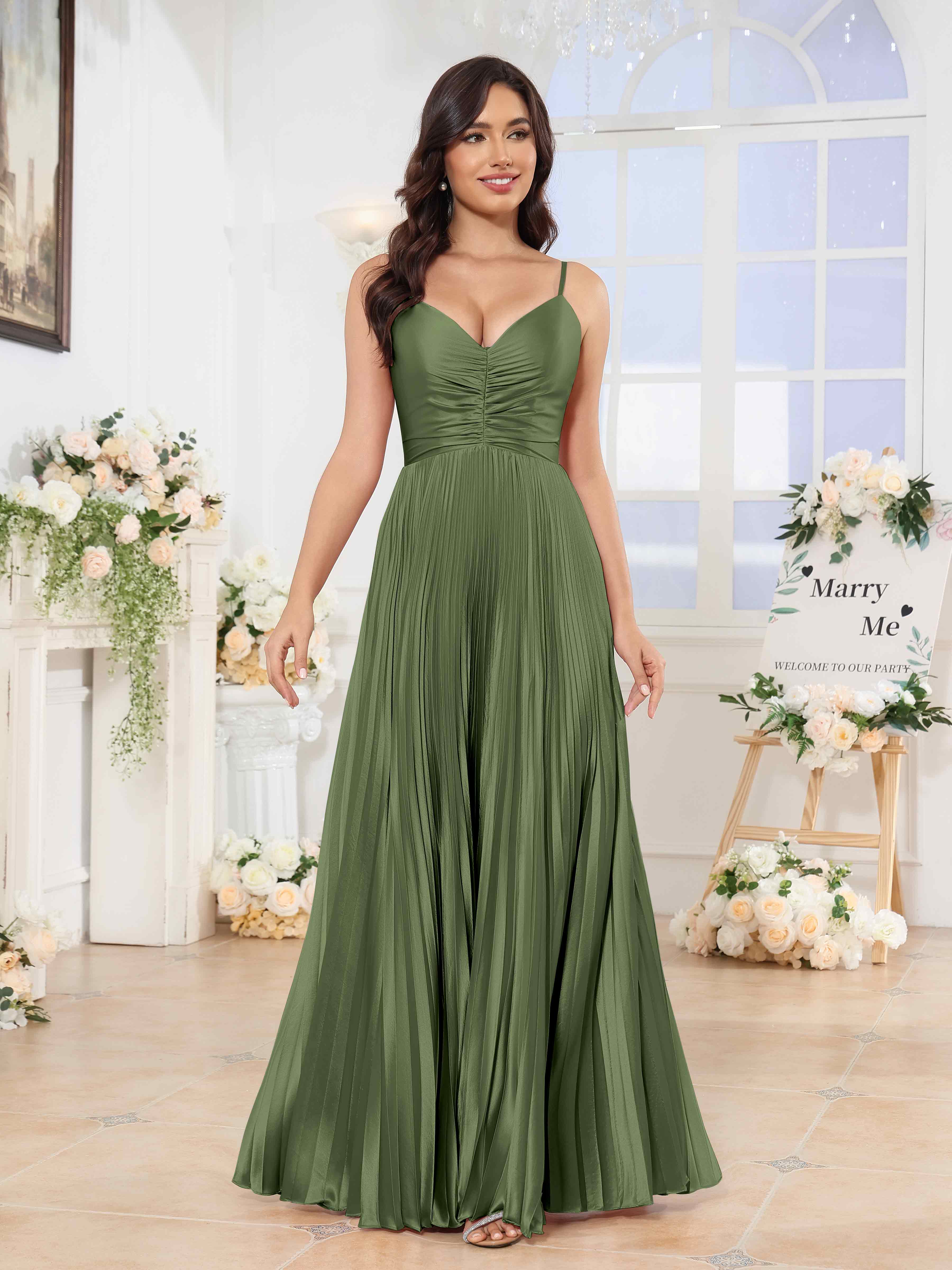 Mirenda Dreamy A-Line V Neck Pleated Long Satin Bridesmaid Dresses, Burgundy