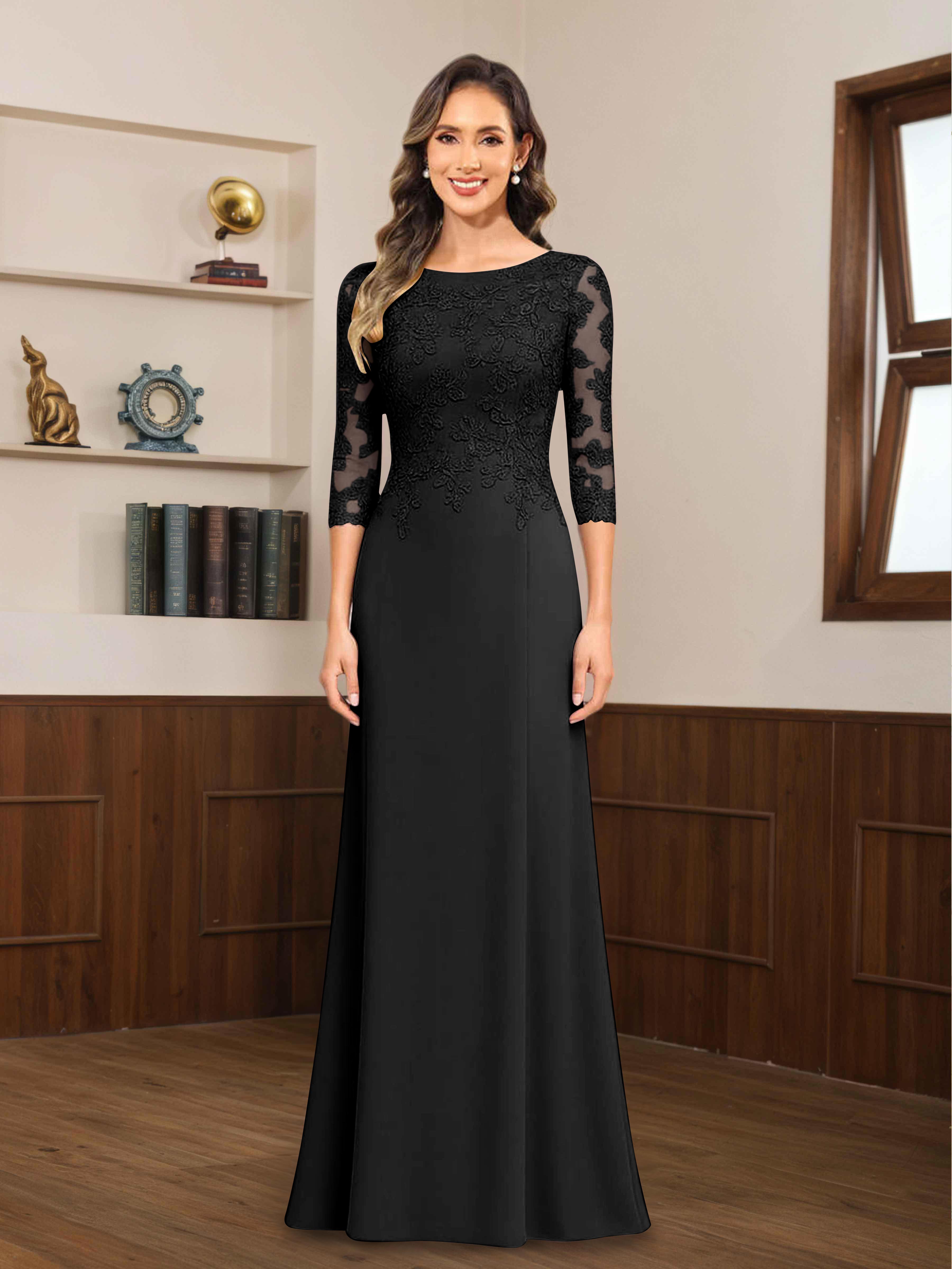 Mireya Enchanting Scoop 3/4 Sleeves Long Lace Chiffon Mother of The Bride Dresses