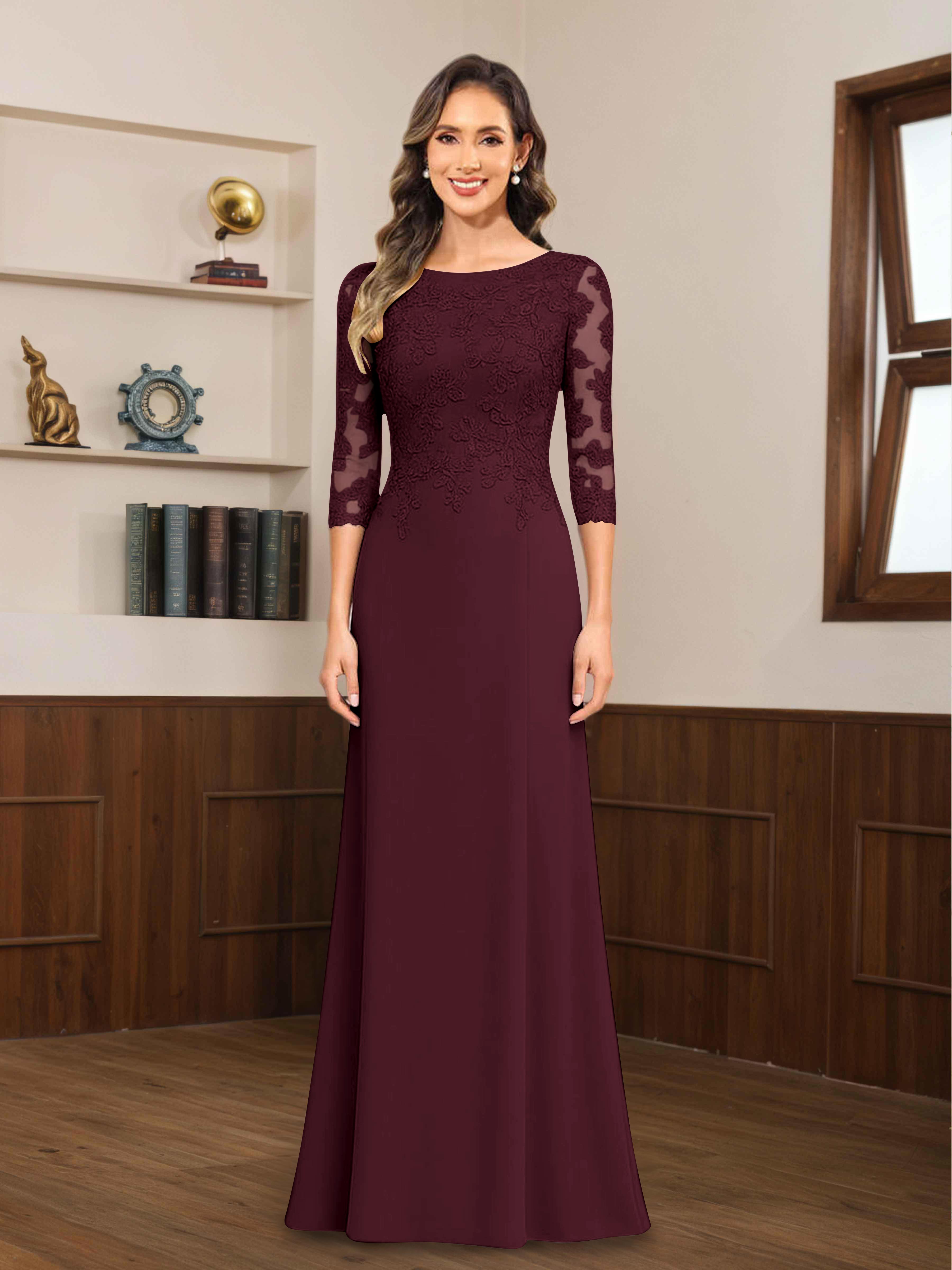 Mireya Enchanting Scoop 3/4 Sleeves Long Lace Chiffon Mother of The Bride Dresses