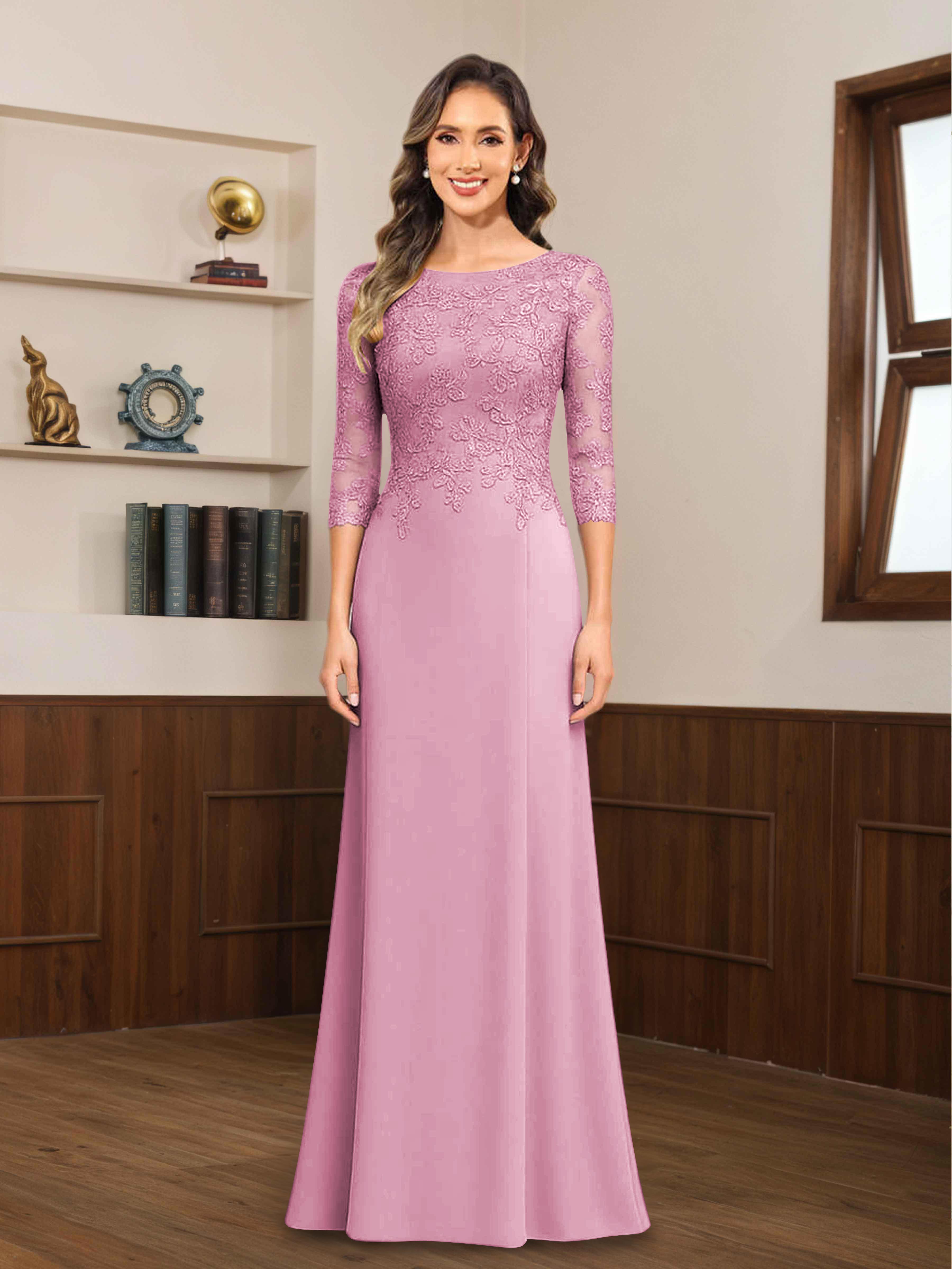 Mireya Enchanting Scoop 3/4 Sleeves Long Lace Chiffon Mother of The Bride Dresses