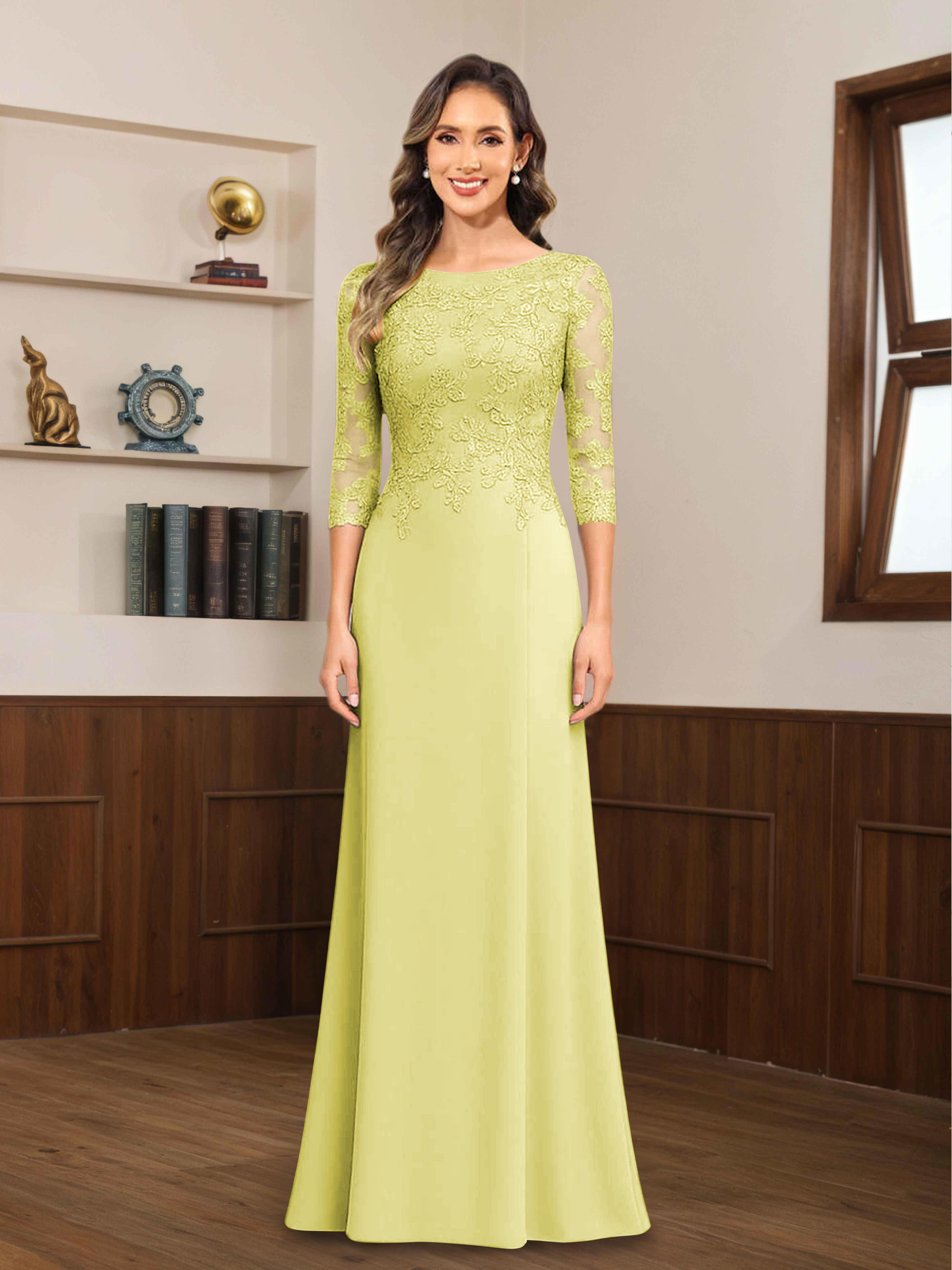 Mireya Enchanting Scoop 3/4 Sleeves Long Lace Chiffon Mother of The Bride Dresses