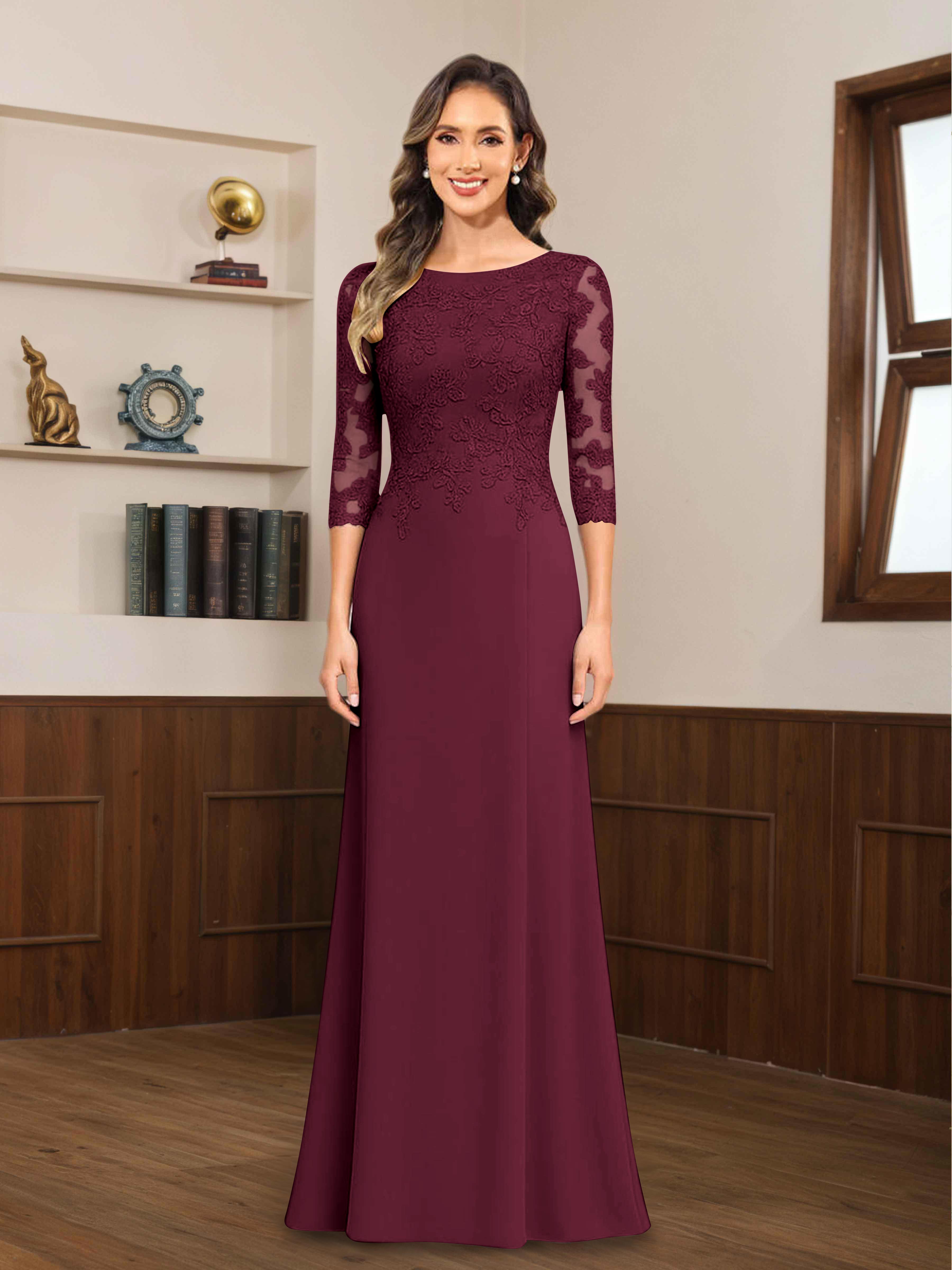 Mireya Enchanting Scoop 3/4 Sleeves Long Lace Chiffon Mother of The Bride Dresses
