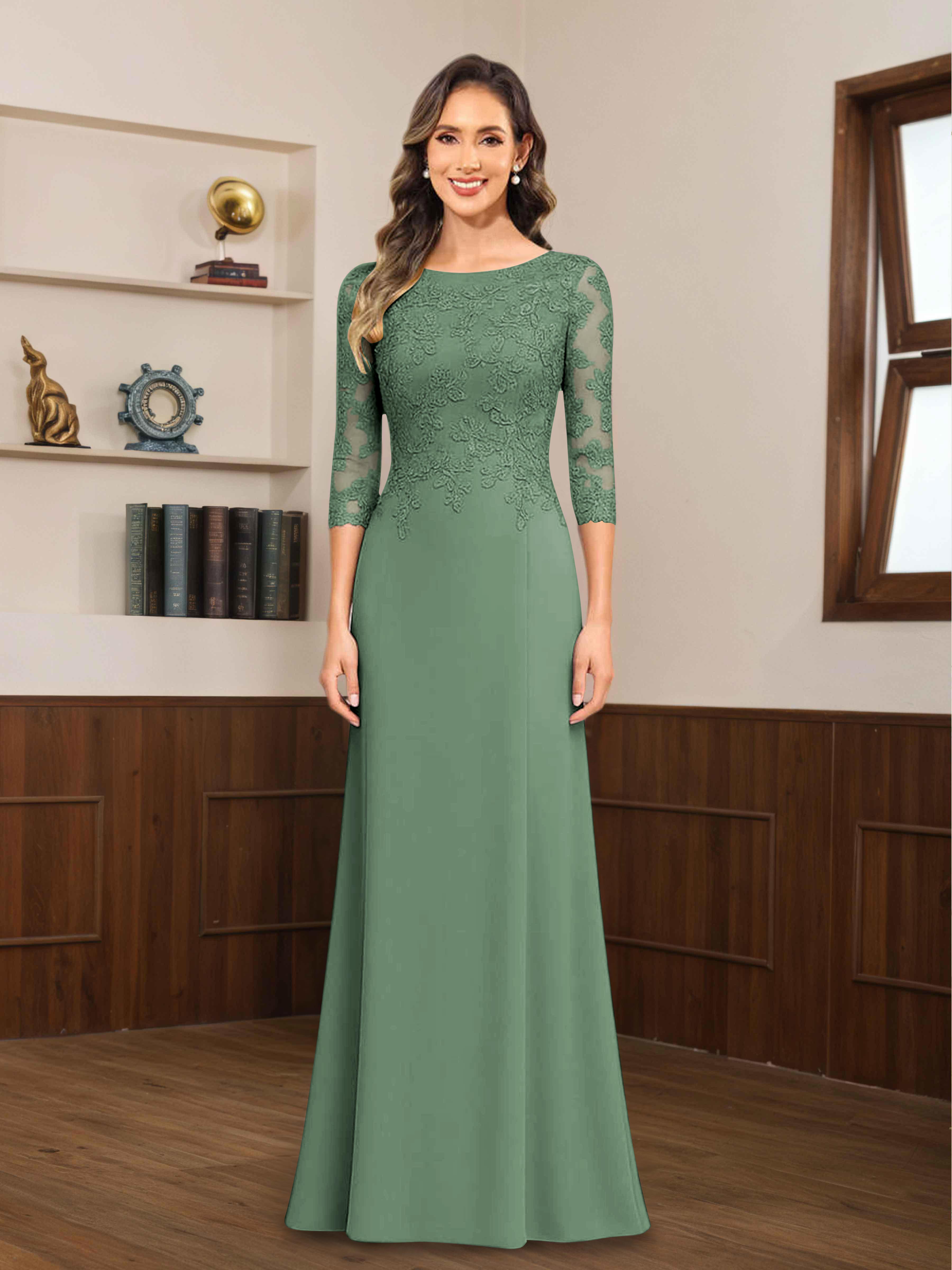 Mireya Enchanting Scoop 3/4 Sleeves Long Lace Chiffon Mother of The Bride Dresses