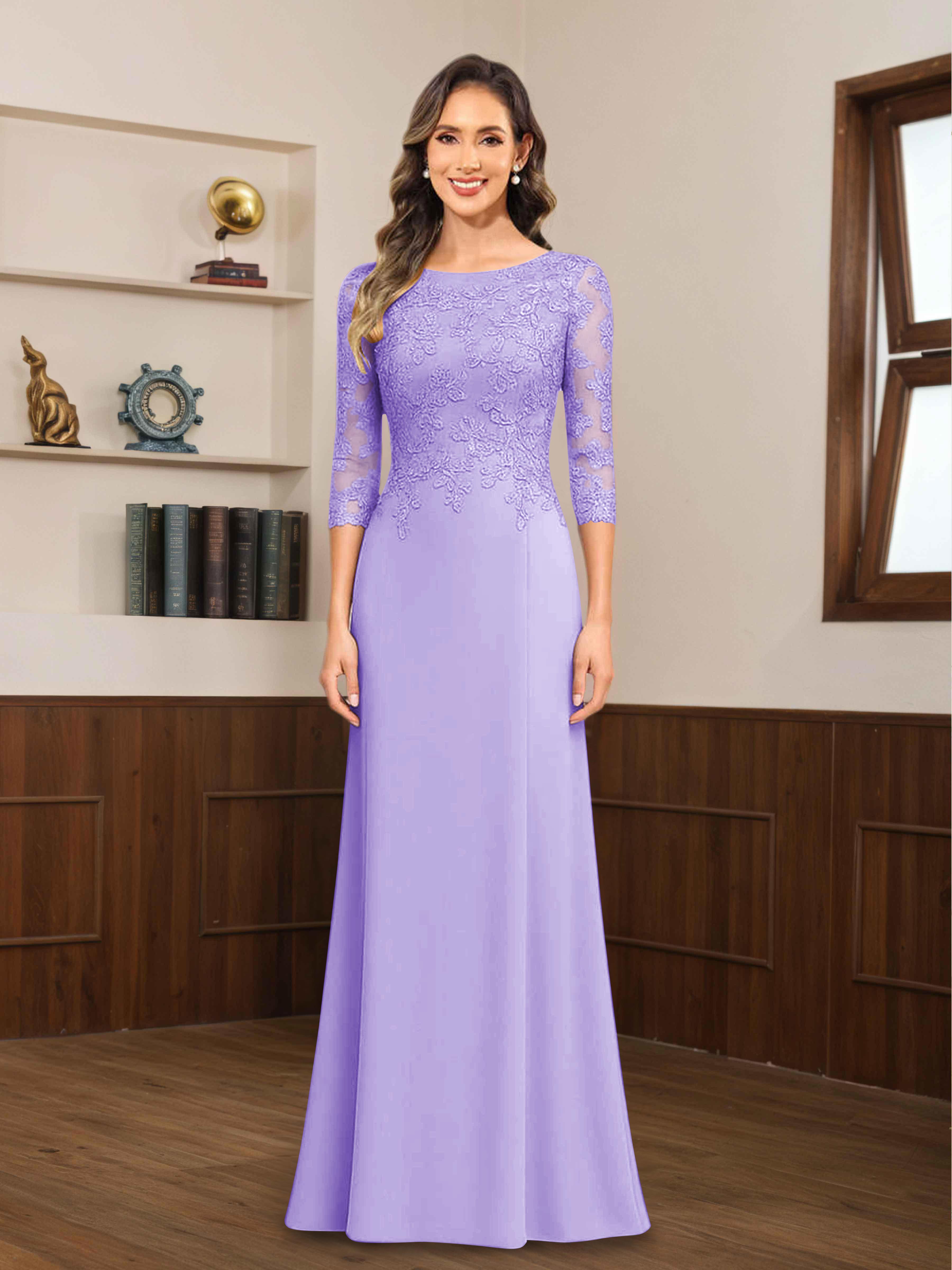 Mireya Enchanting Scoop 3/4 Sleeves Long Lace Chiffon Mother of The Bride Dresses