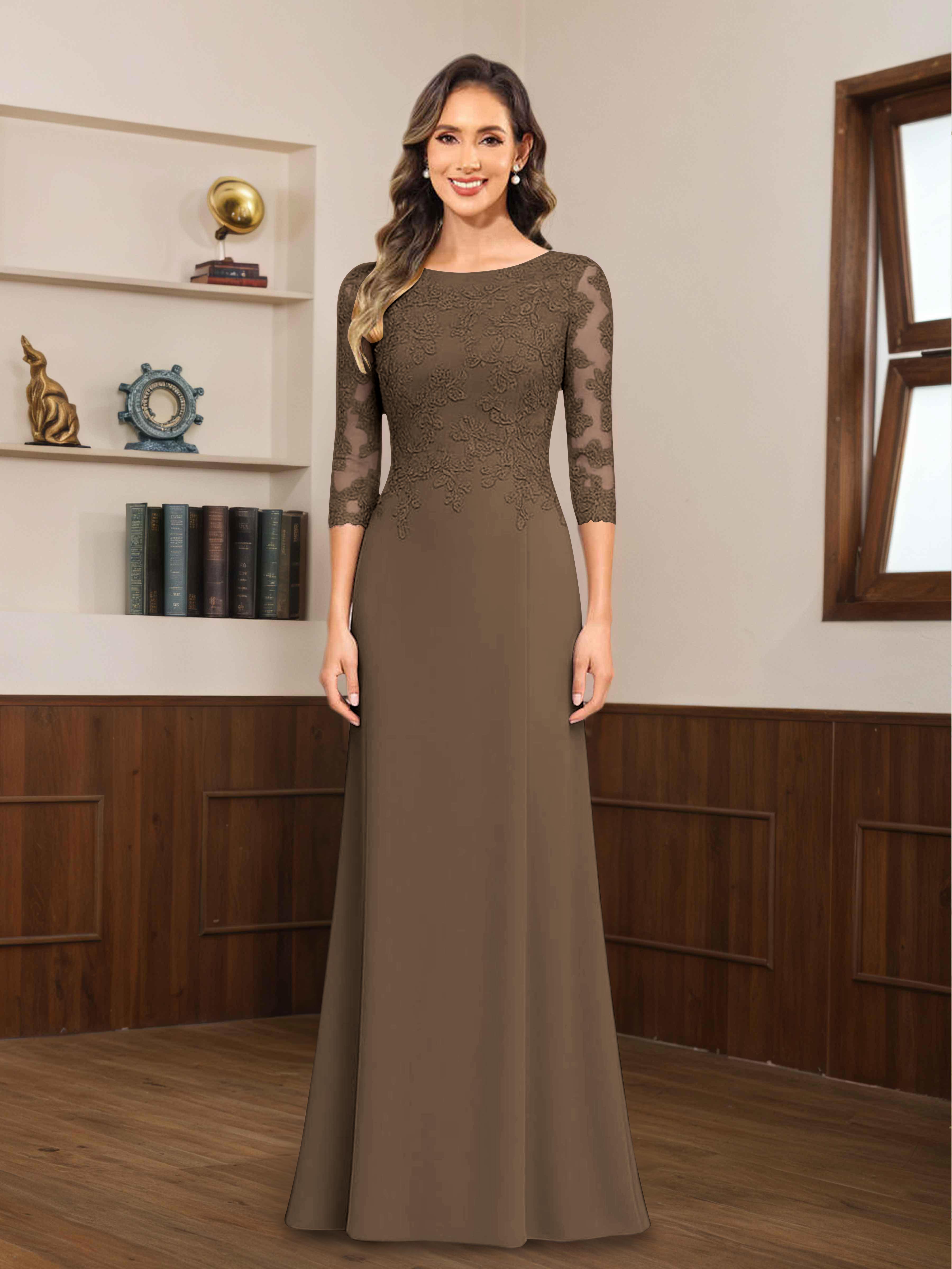 Mireya Enchanting Scoop 3/4 Sleeves Long Lace Chiffon Mother of The Bride Dresses