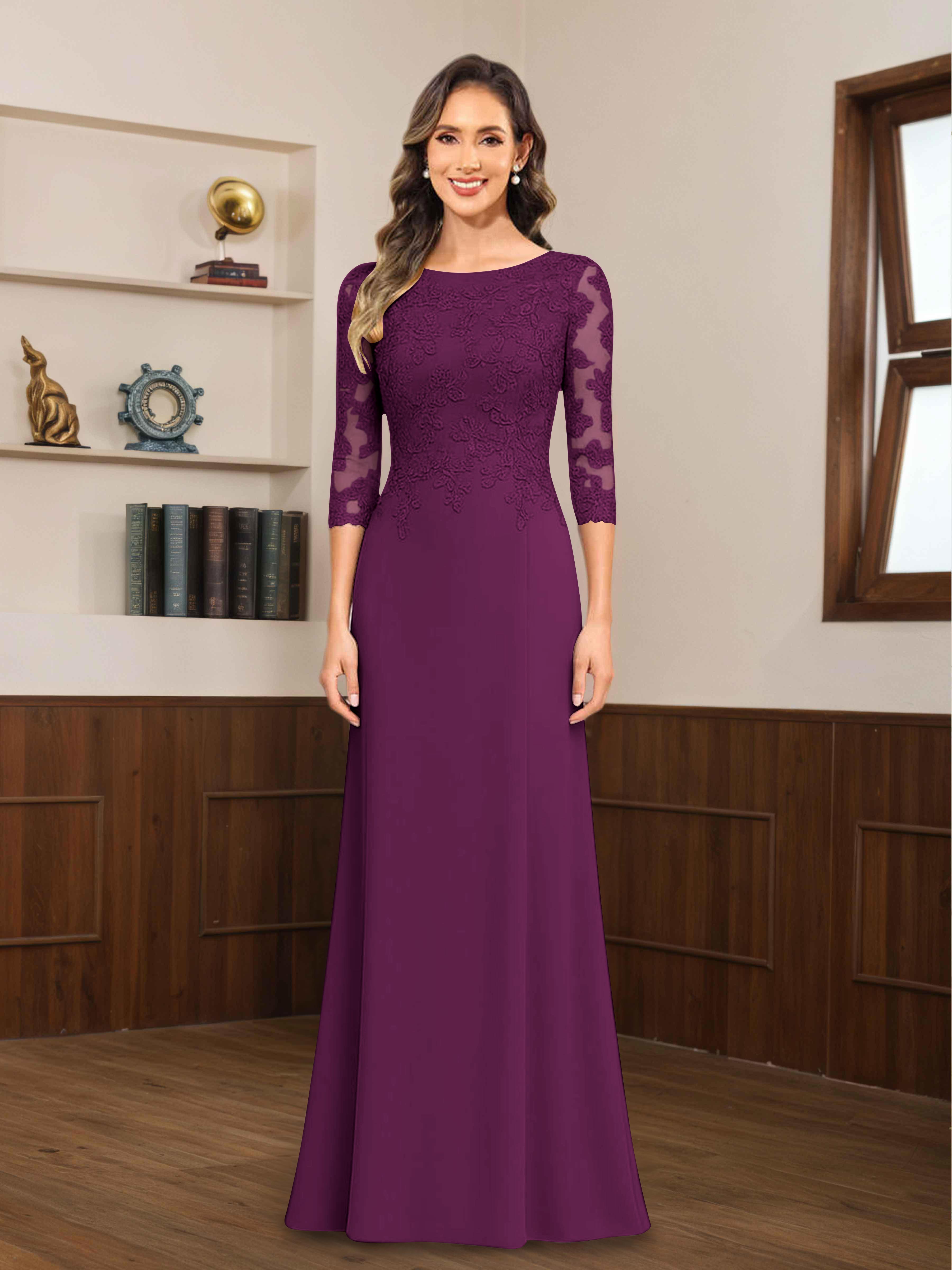 Mireya Enchanting Scoop 3/4 Sleeves Long Lace Chiffon Mother of The Bride Dresses