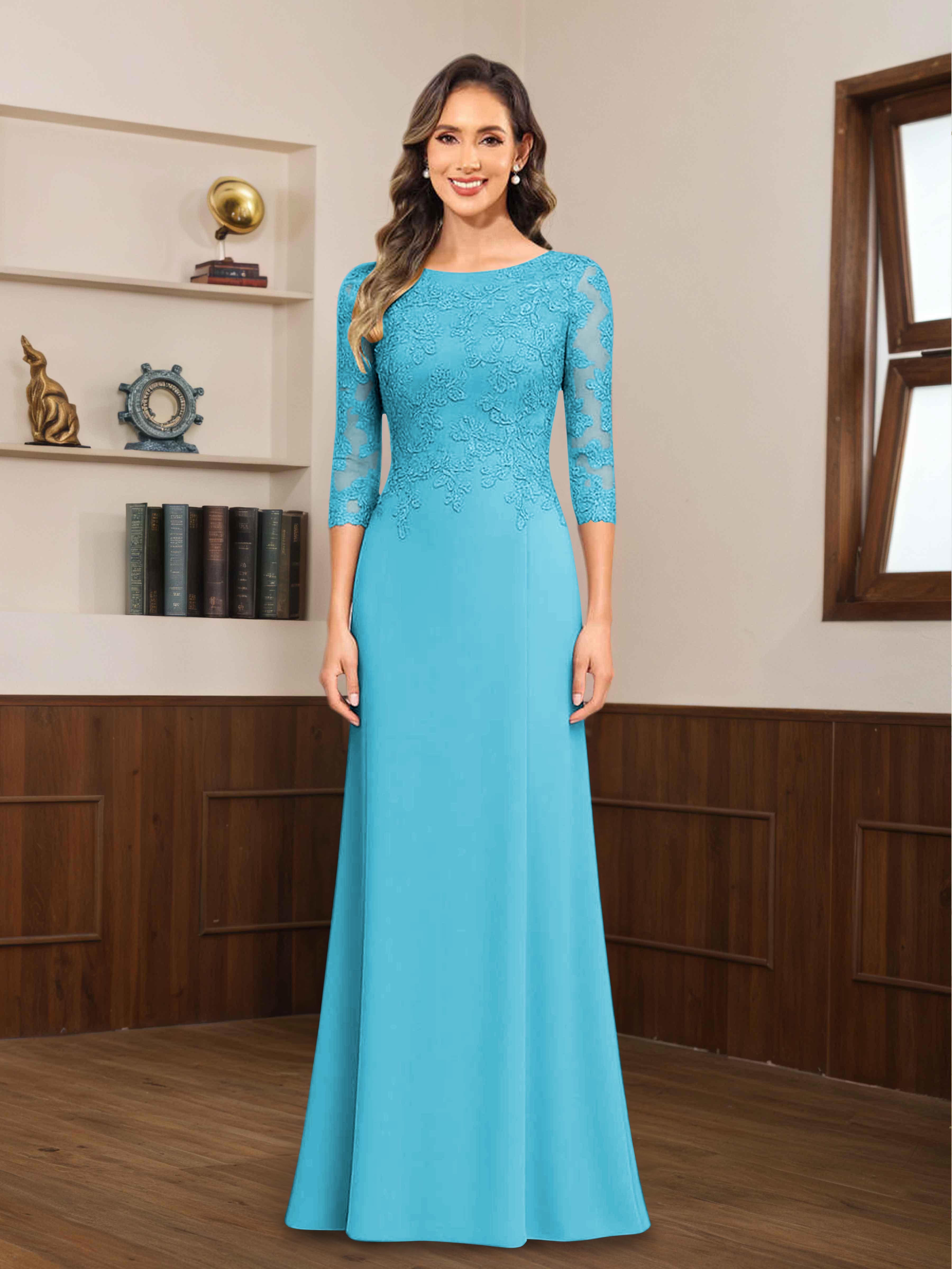 Mireya Enchanting Scoop 3/4 Sleeves Long Lace Chiffon Mother of The Bride Dresses