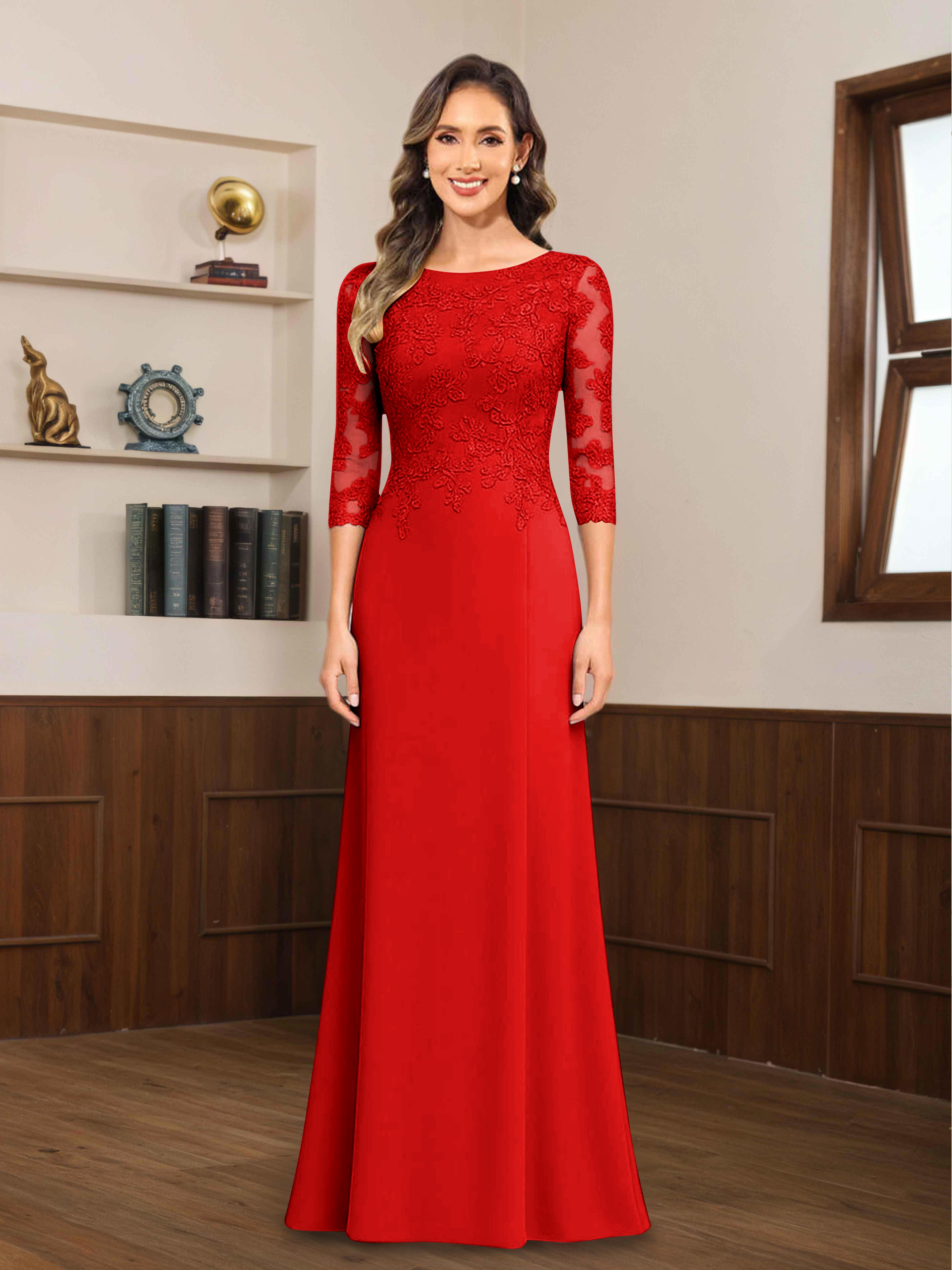 Mireya Enchanting Scoop 3/4 Sleeves Long Lace Chiffon Mother of The Bride Dresses