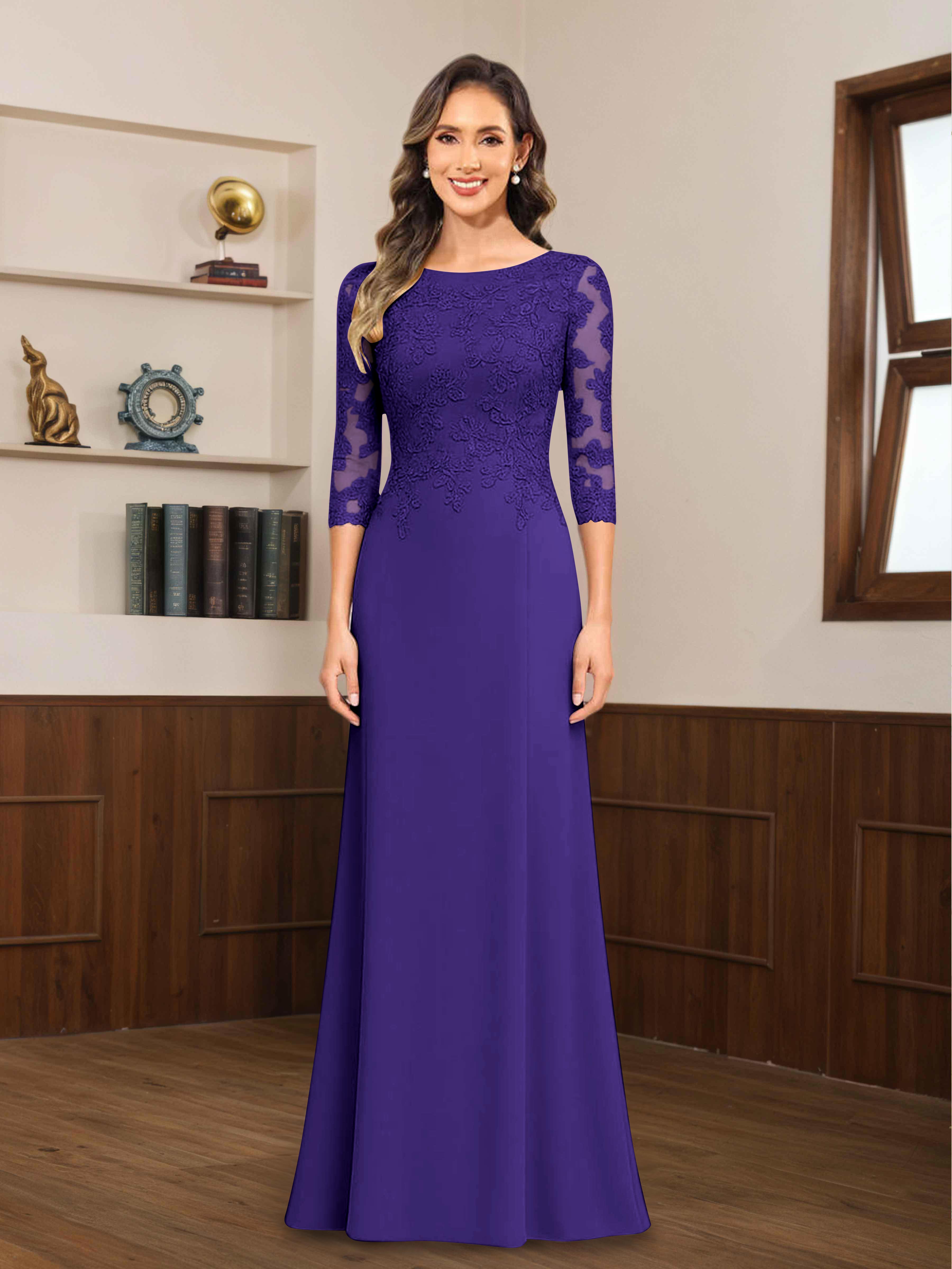 Mireya Enchanting Scoop 3/4 Sleeves Long Lace Chiffon Mother of The Bride Dresses