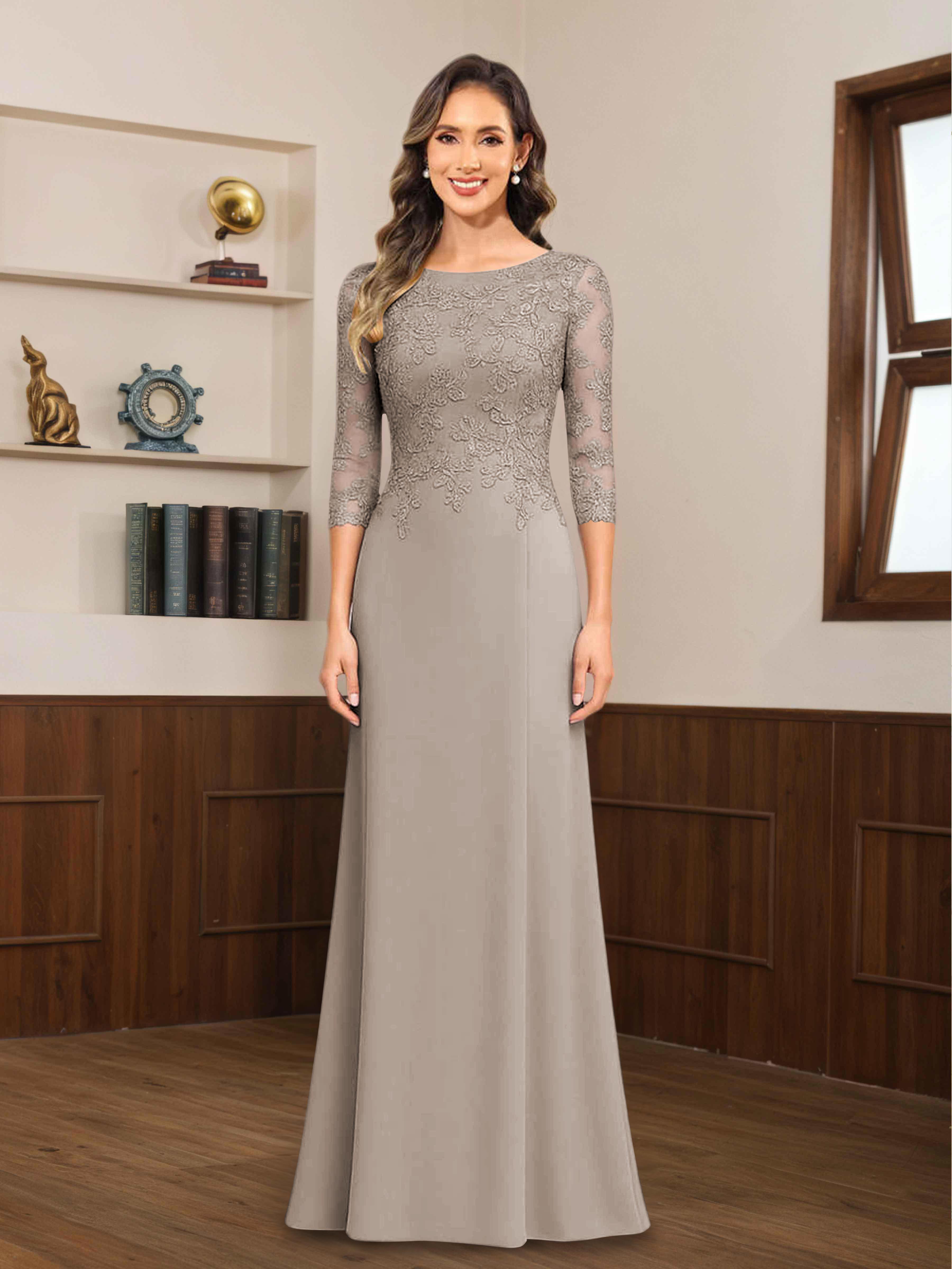 Mireya Enchanting Scoop 3/4 Sleeves Long Lace Chiffon Mother of The Bride Dresses
